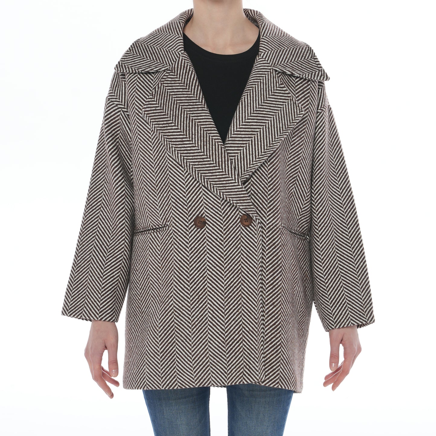 Kahverengi Beyaz Balıksırtı Astarlı Oversize Kaban