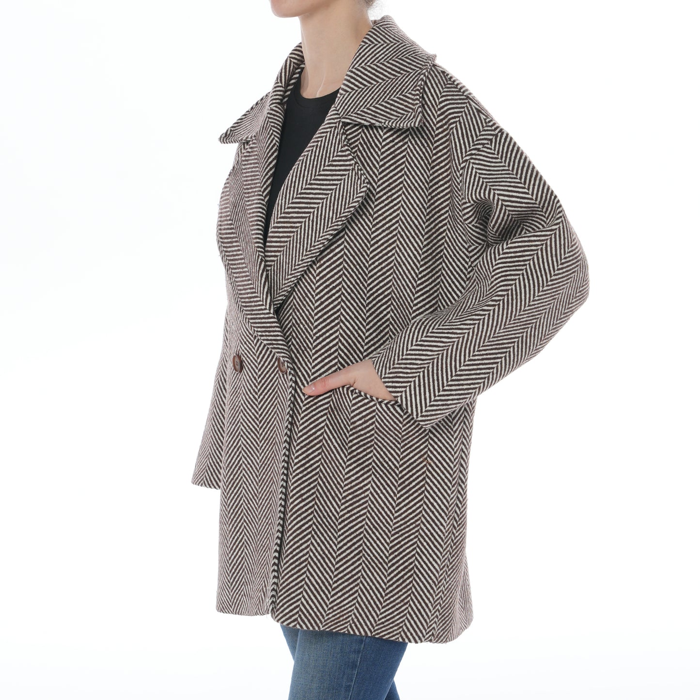 Kahverengi Beyaz Balıksırtı Astarlı Oversize Kaban