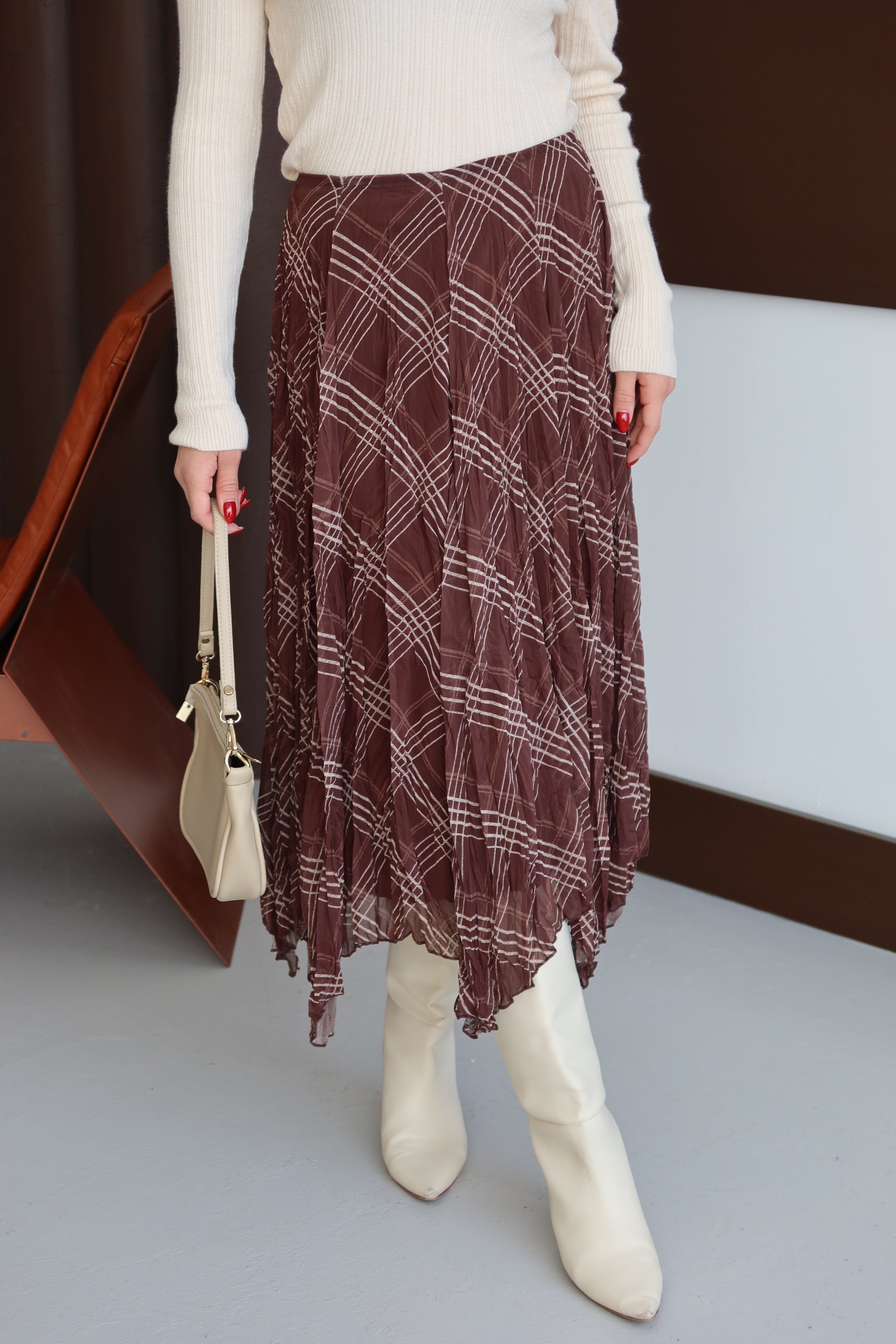 Kahverengi Kareli Astarlı Şifon Etek