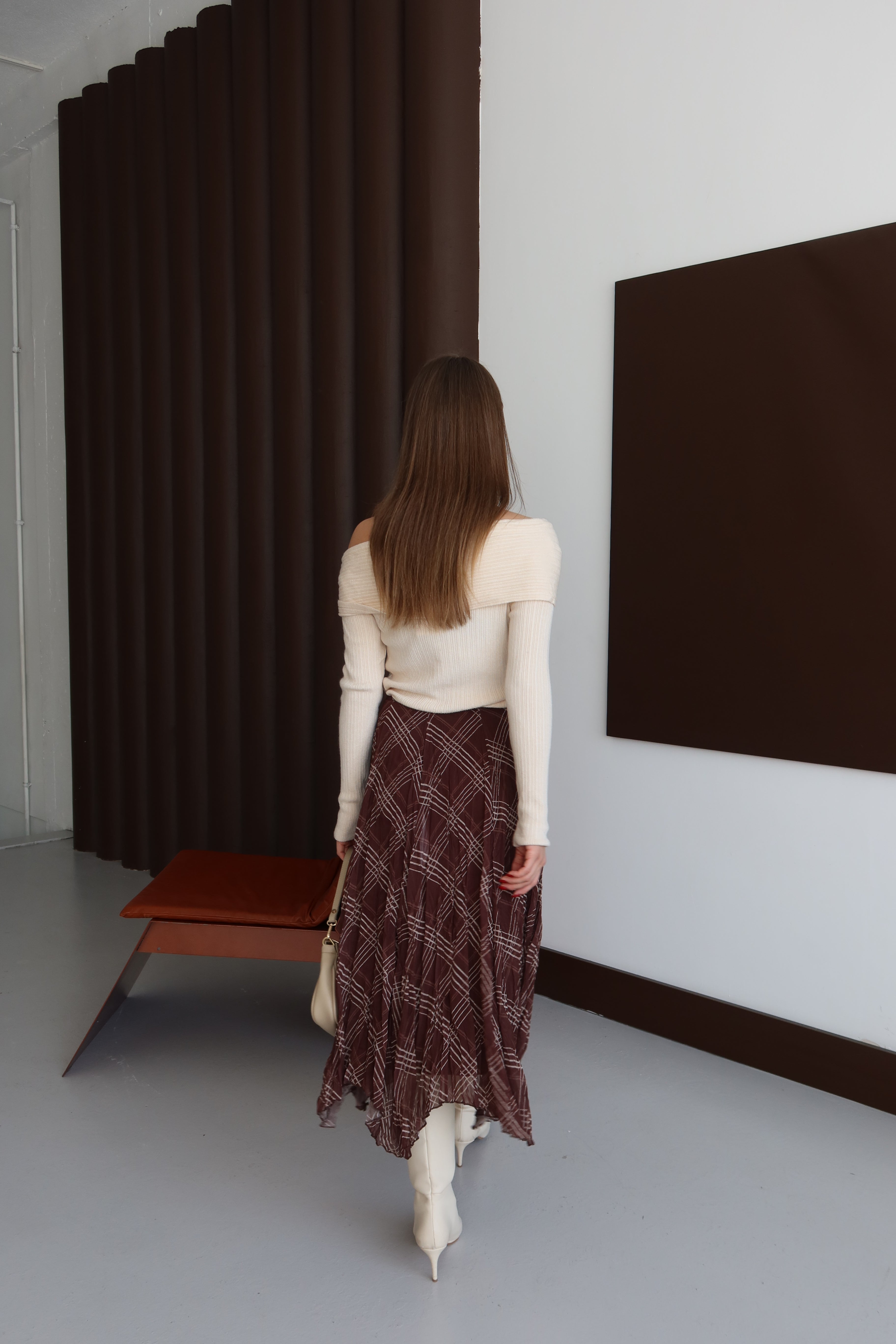 Kahverengi Kareli Astarlı Şifon Etek