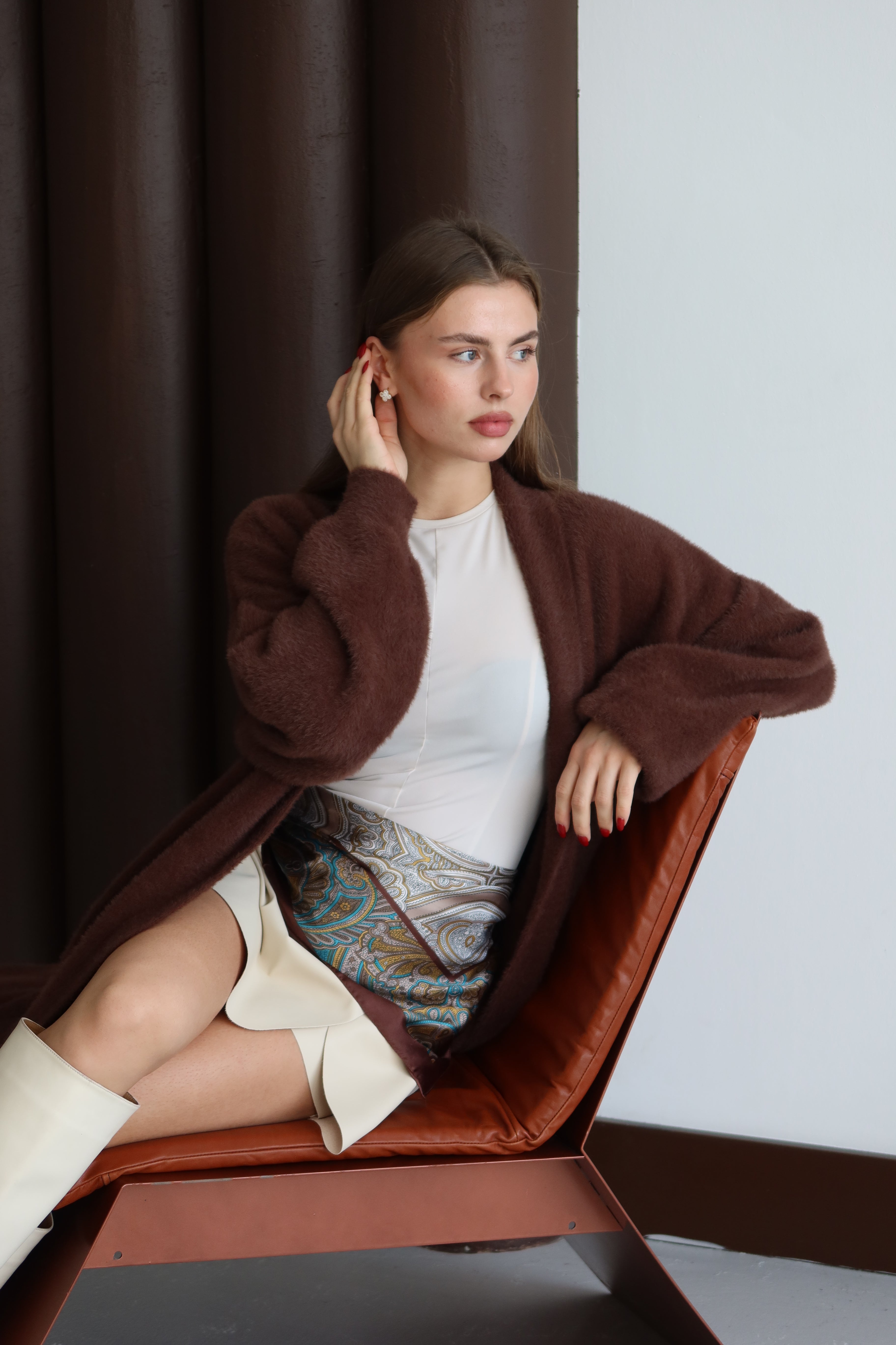 Kahverengi Sakallı Şal Yaka Uzun Hırka