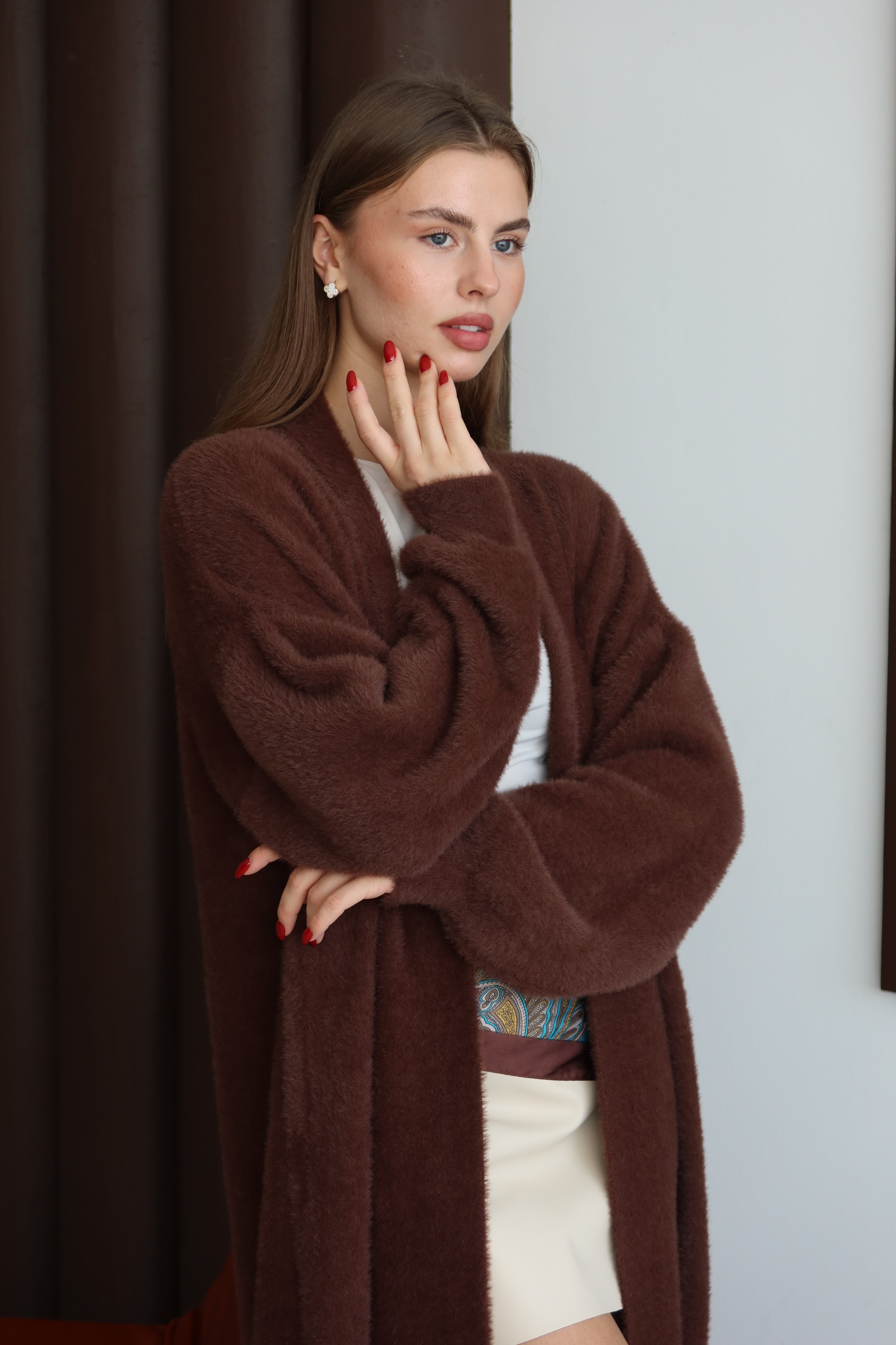 Kahverengi Sakallı Şal Yaka Uzun Hırka