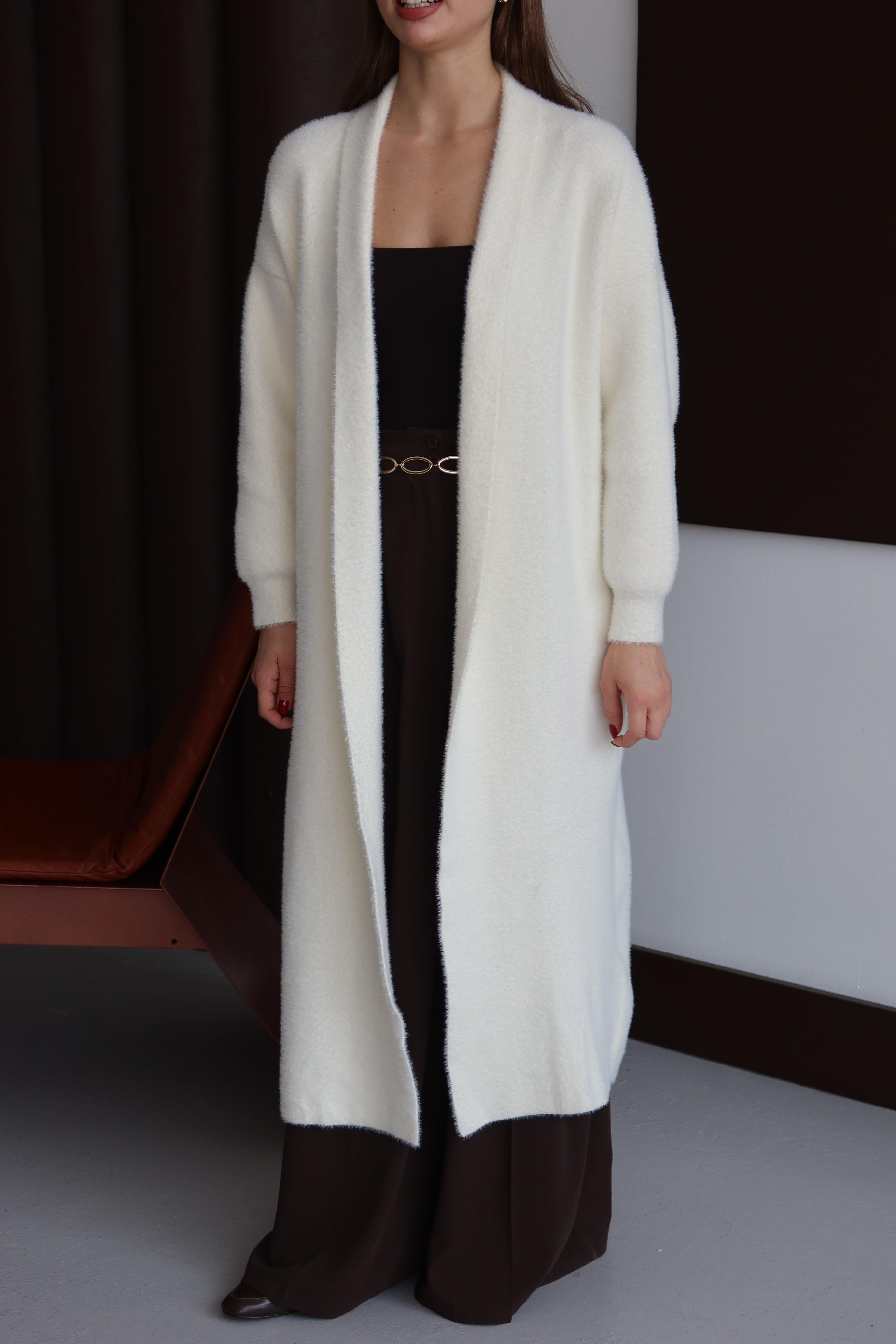 Ekru Sakallı Şal Yaka Uzun Hırka