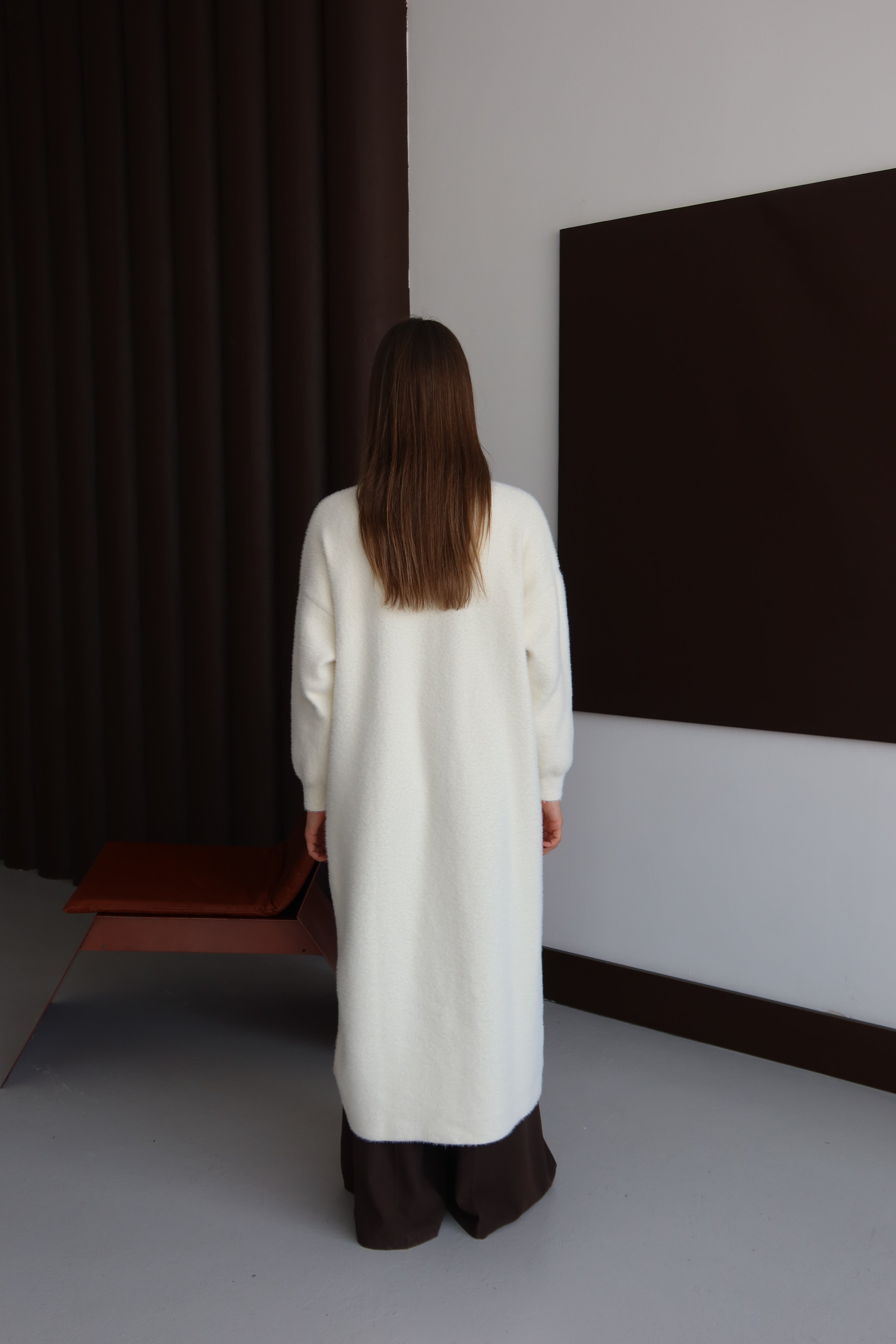 Ekru Sakallı Şal Yaka Uzun Hırka