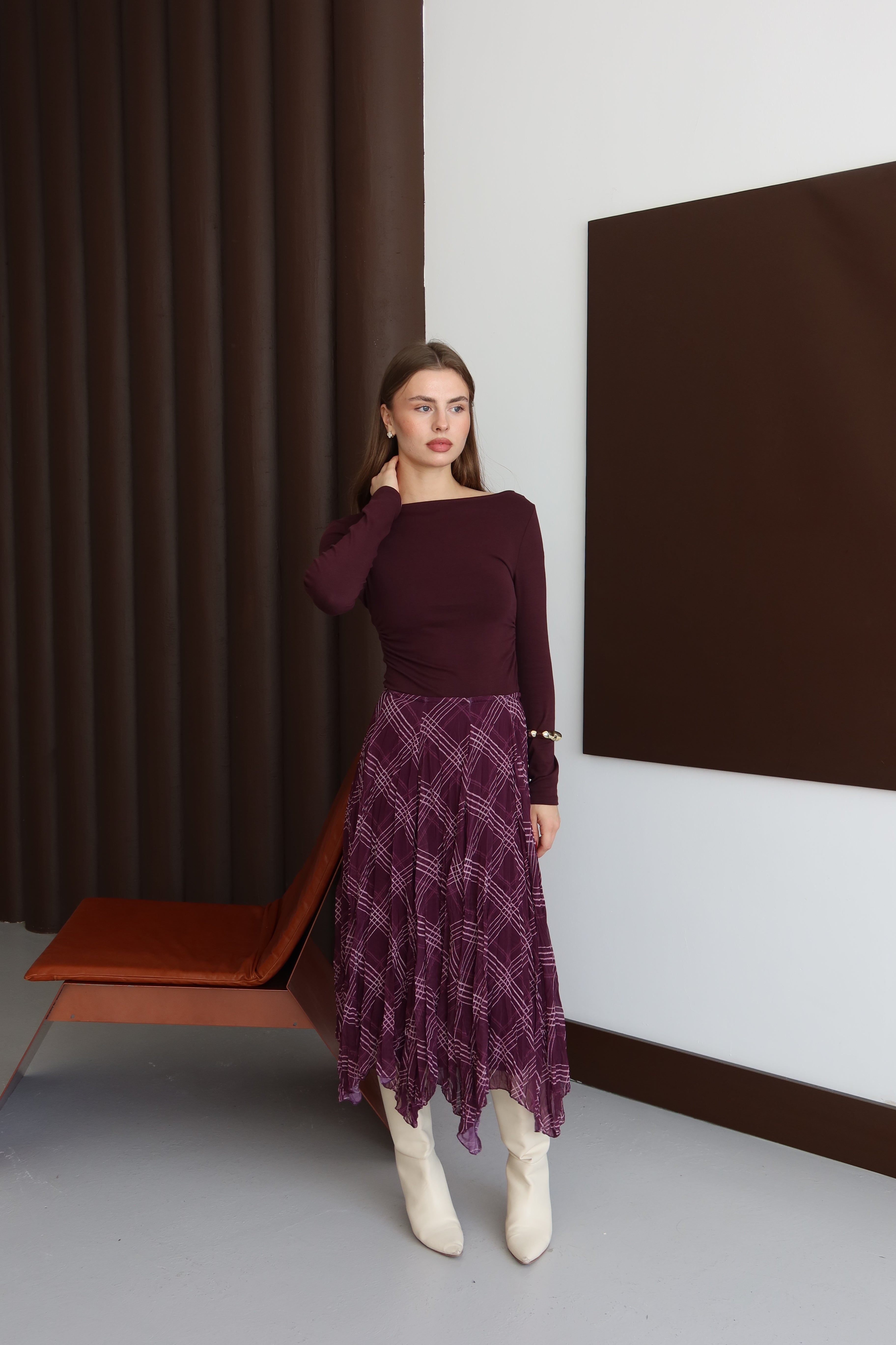 Mürdüm Kareli Astarlı Şifon Etek