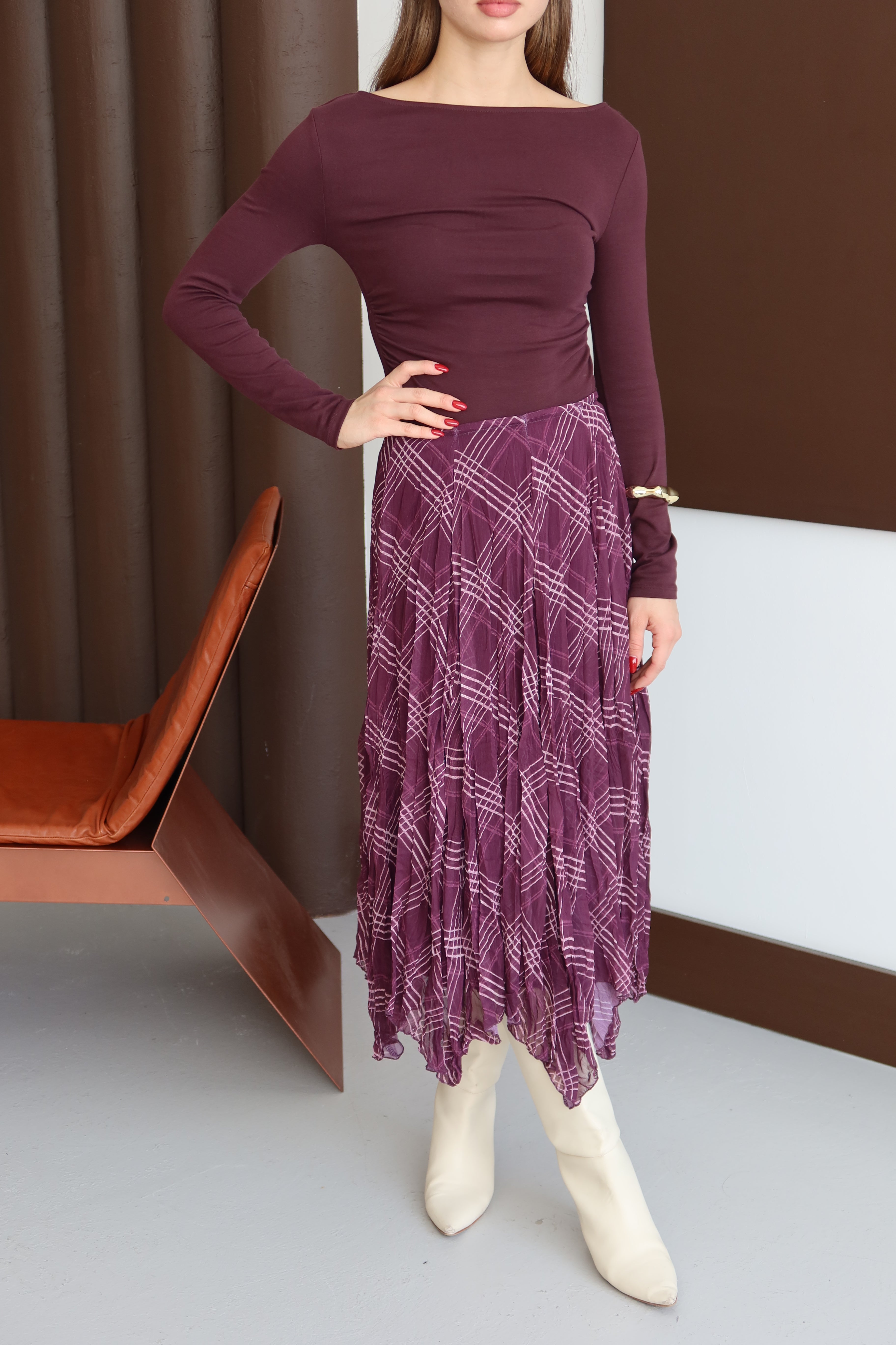 Mürdüm Kareli Astarlı Şifon Etek