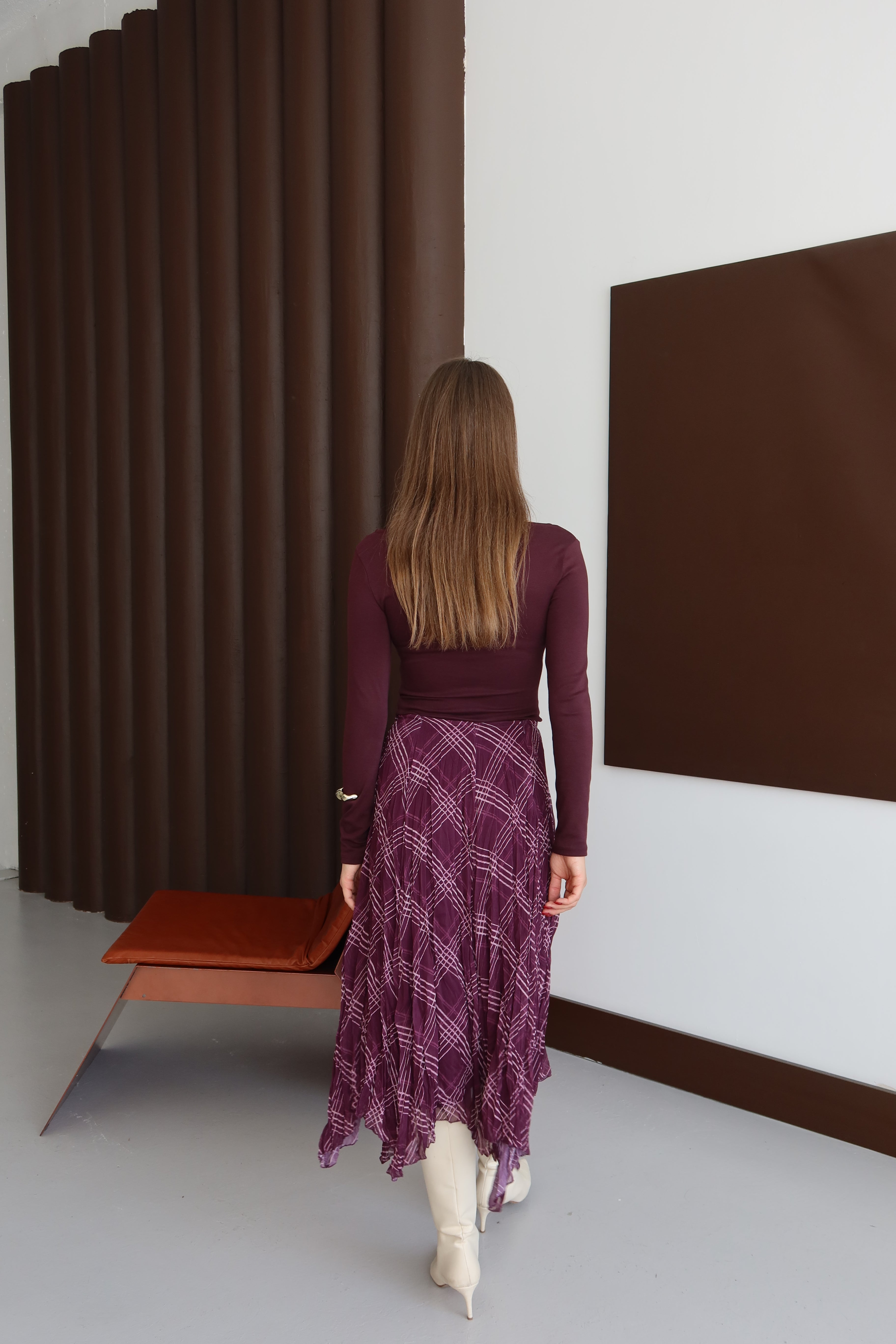 Mürdüm Kareli Astarlı Şifon Etek