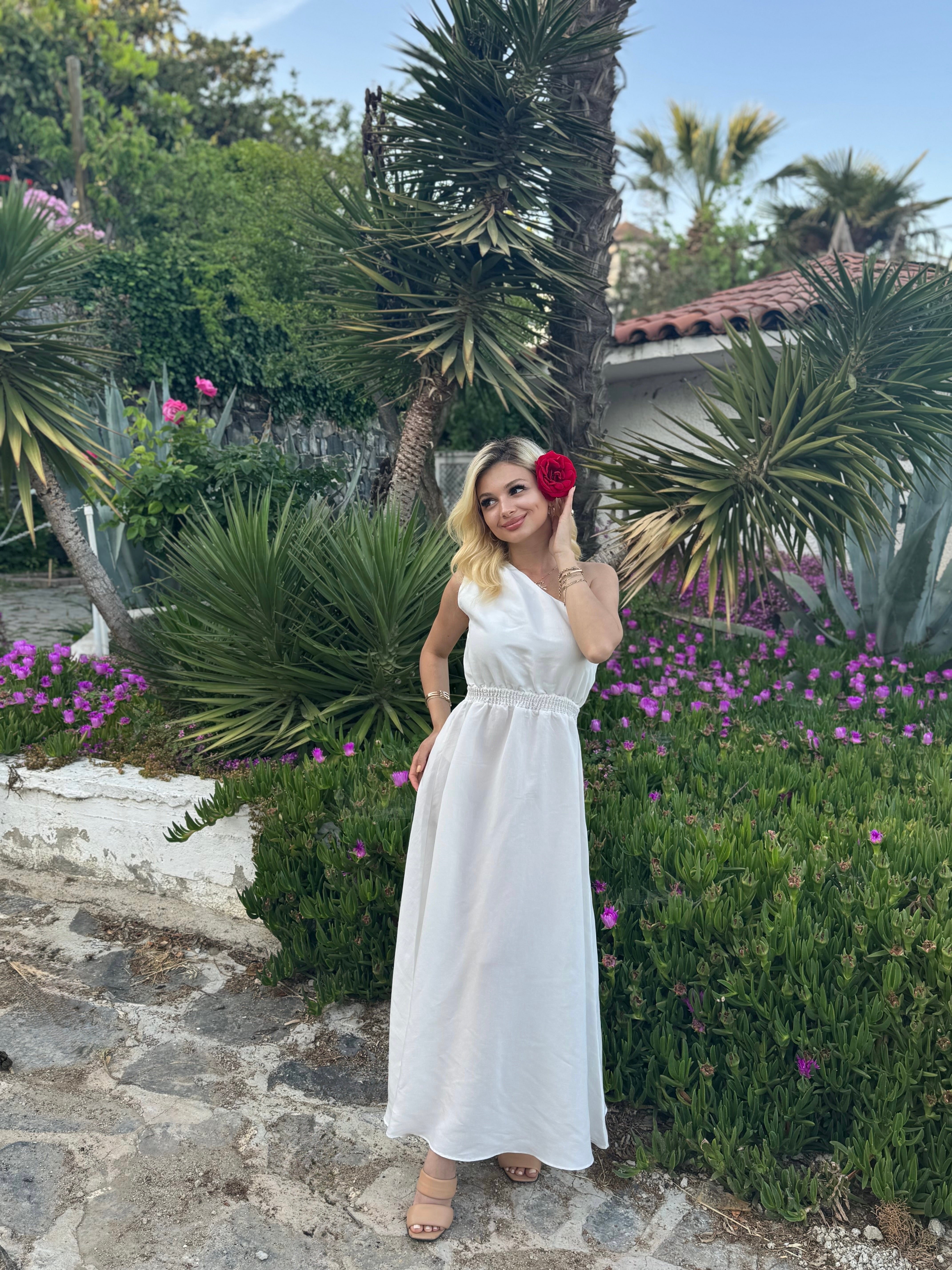 Beli Lastikli Tek Omuz Midi Elbise