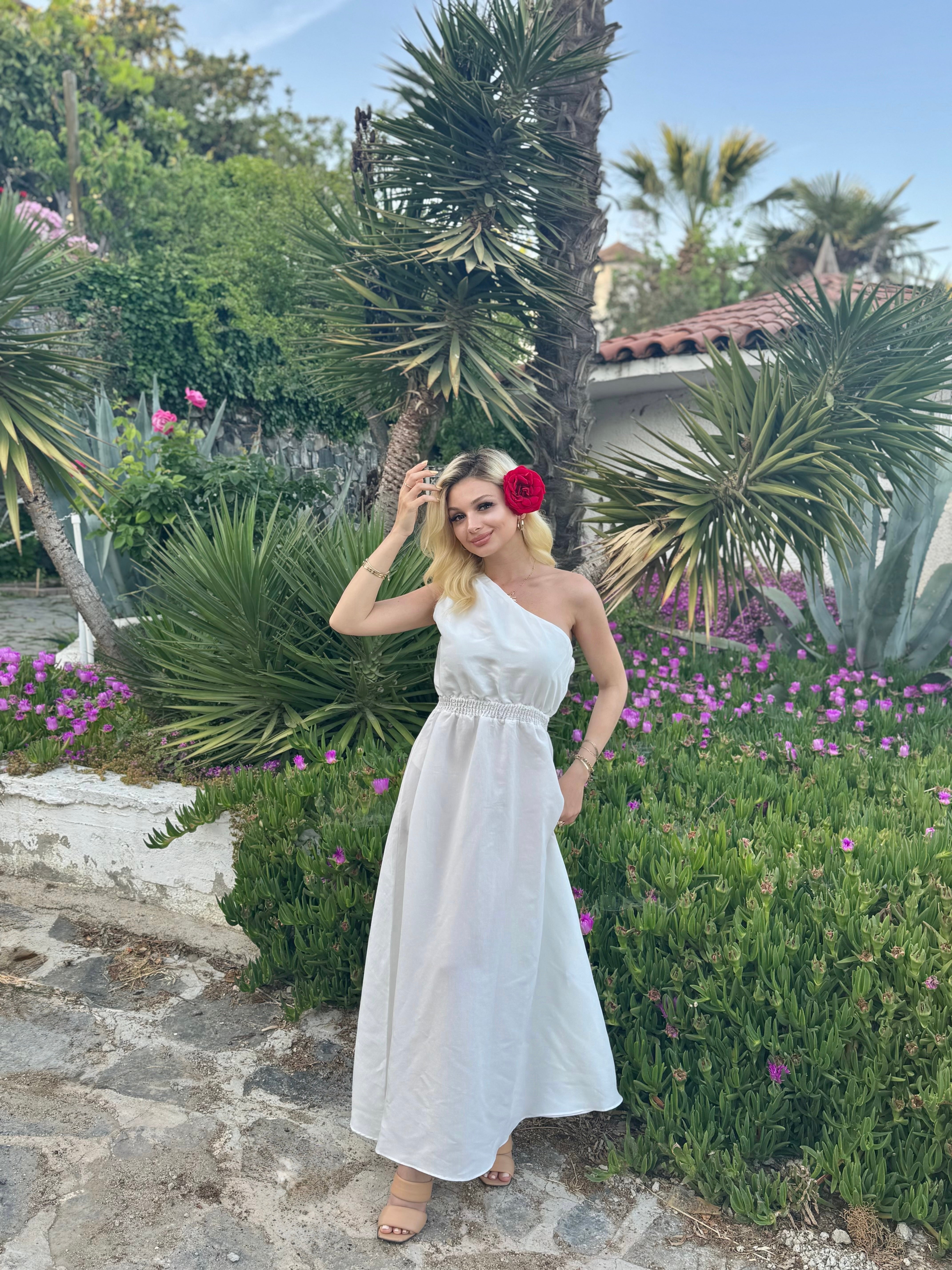 Beli Lastikli Tek Omuz Midi Elbise