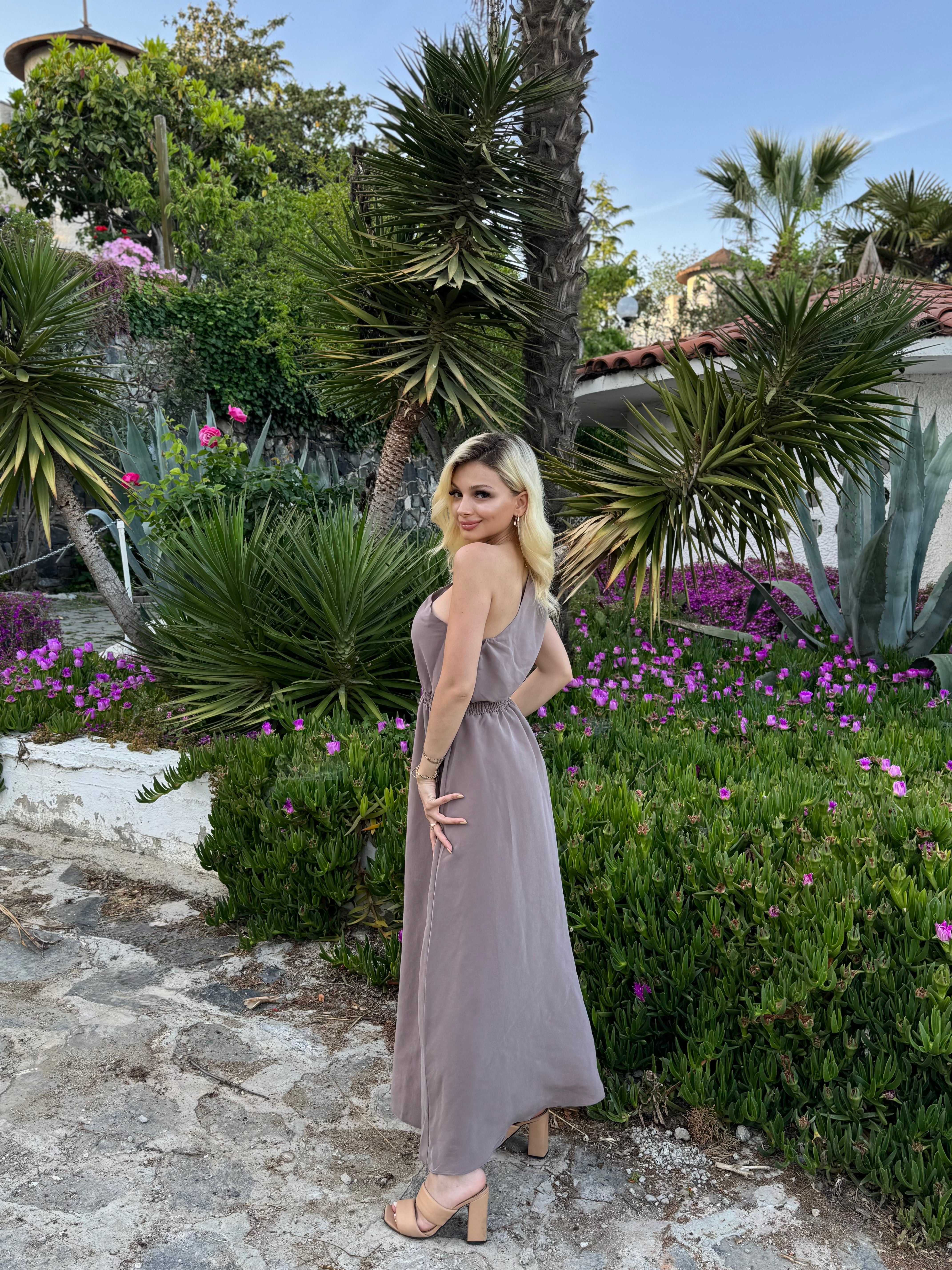 Beli Lastikli Tek Omuz Midi Elbise