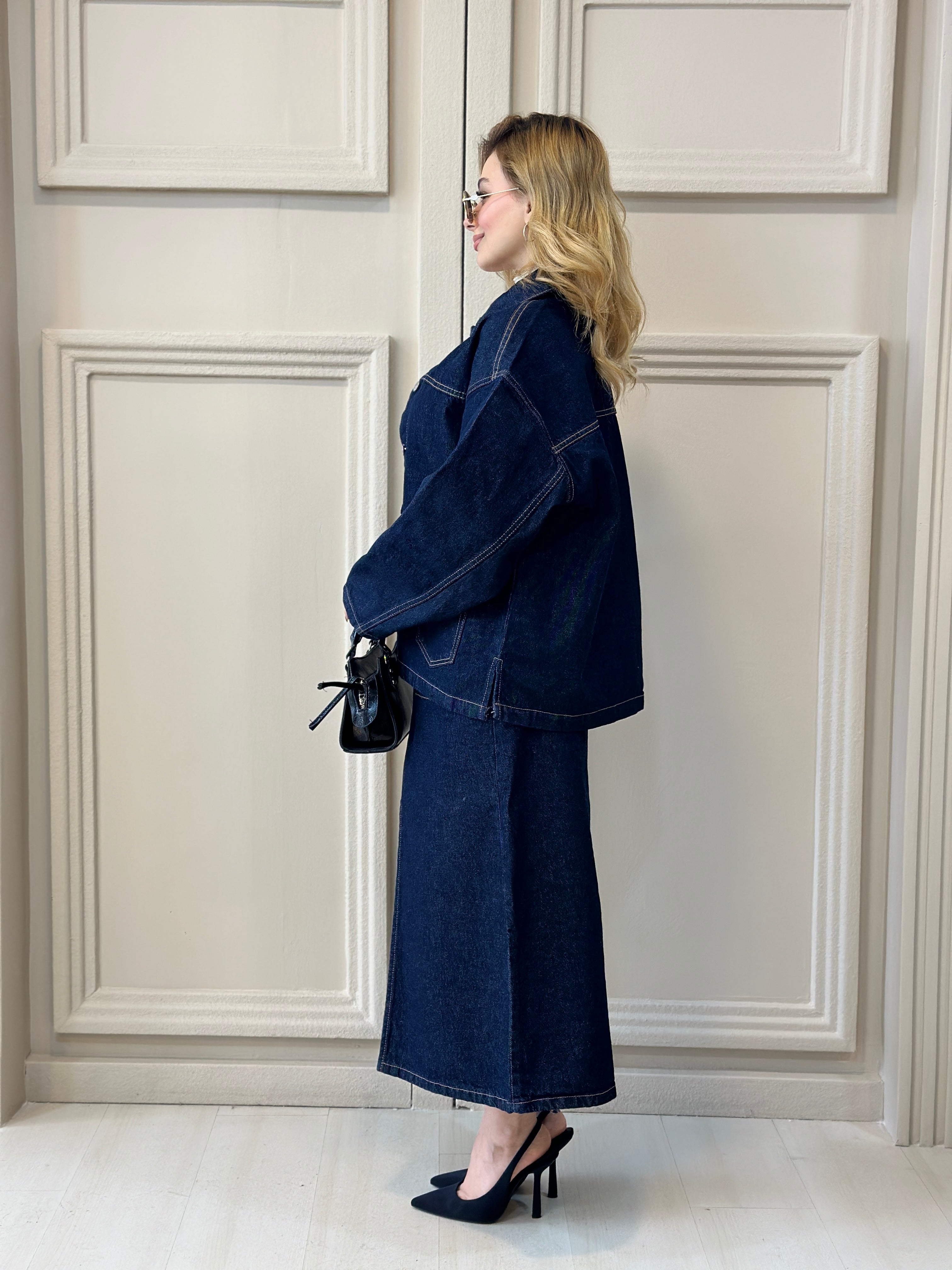 Kontrast Dikişli Çift Cepli Kot Ceket Etek Takım