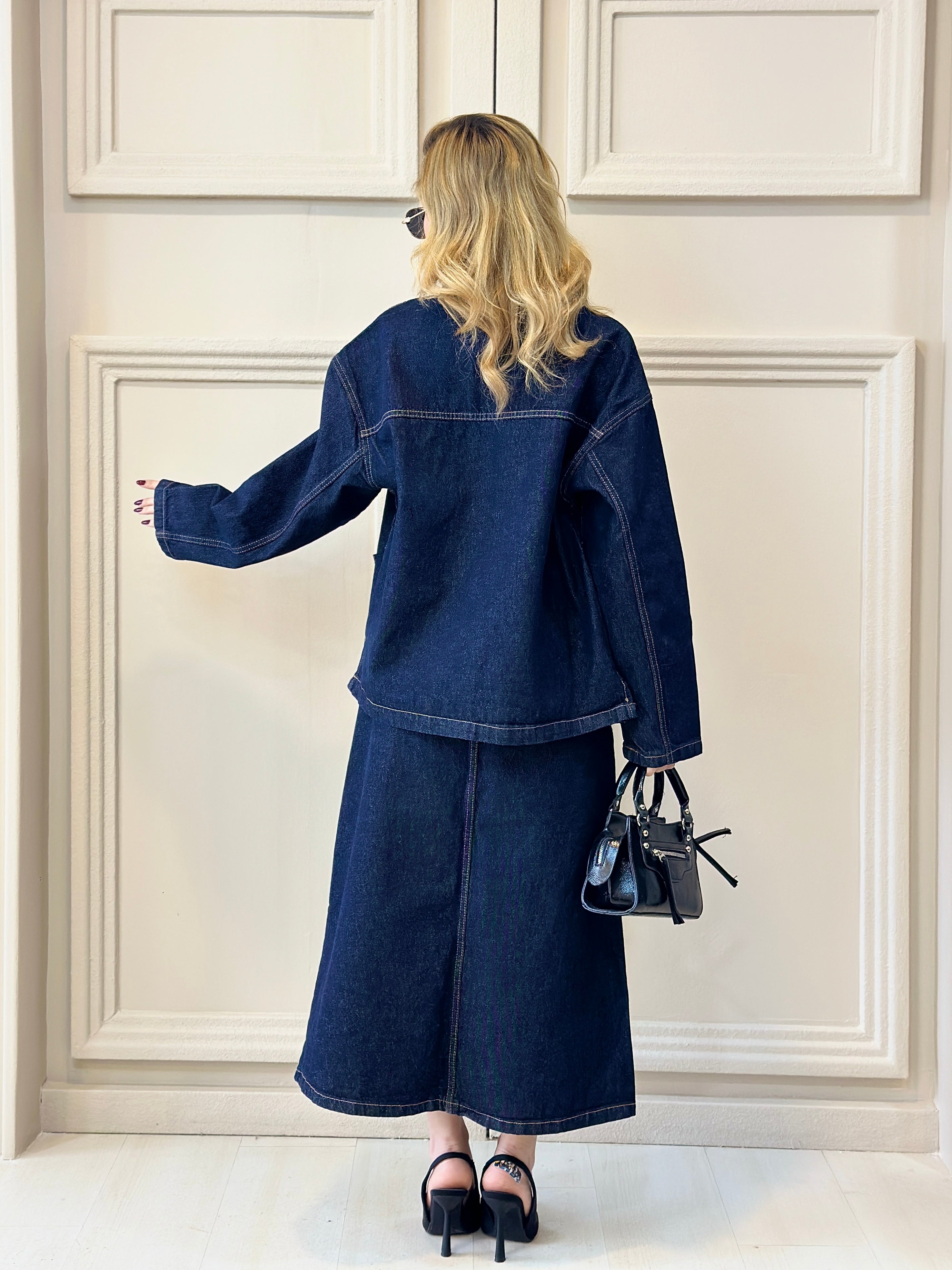 Kontrast Dikişli Çift Cepli Kot Ceket Etek Takım