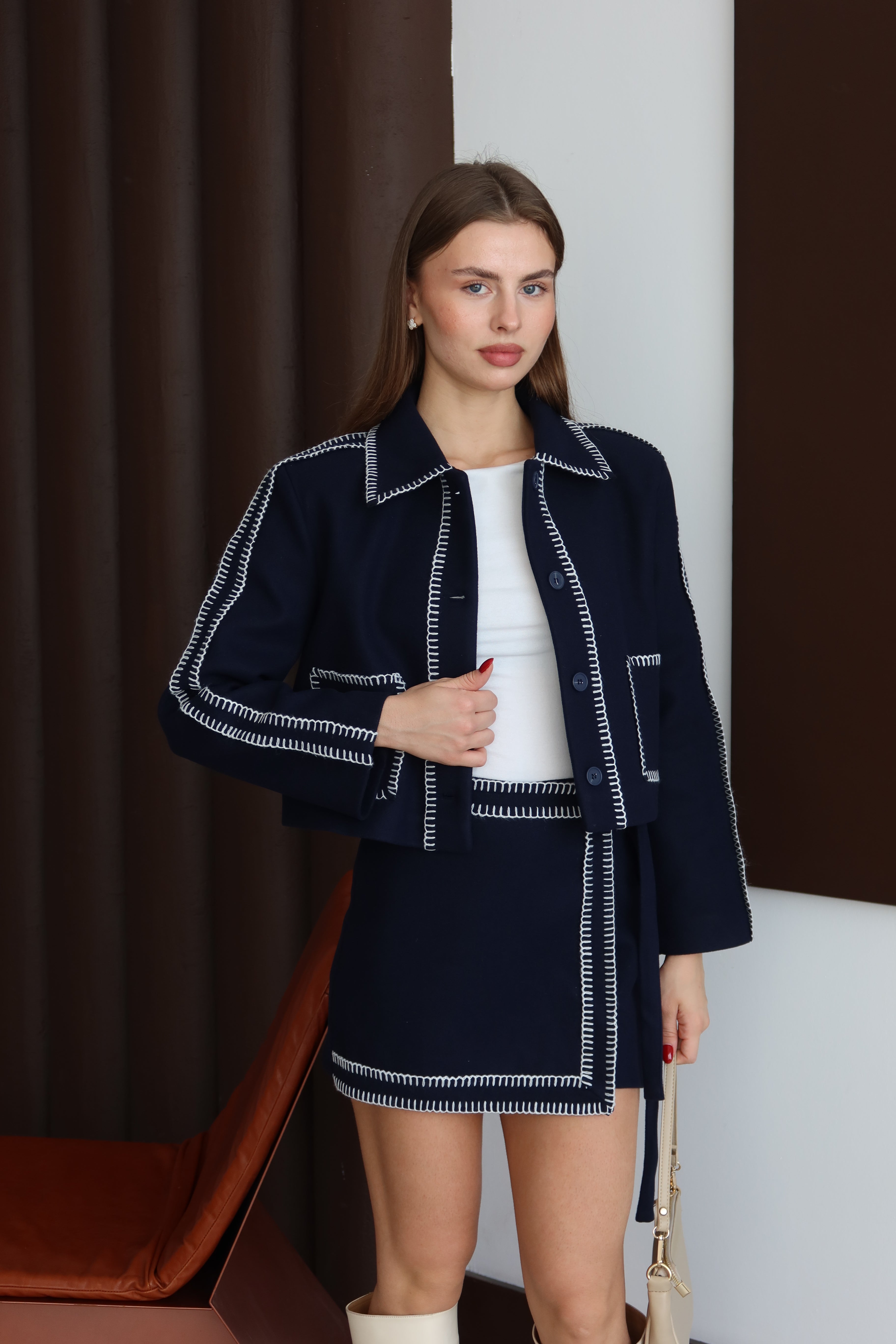 Lacivert Dikiş Detaylı Şortlu Etek Ceket Takım