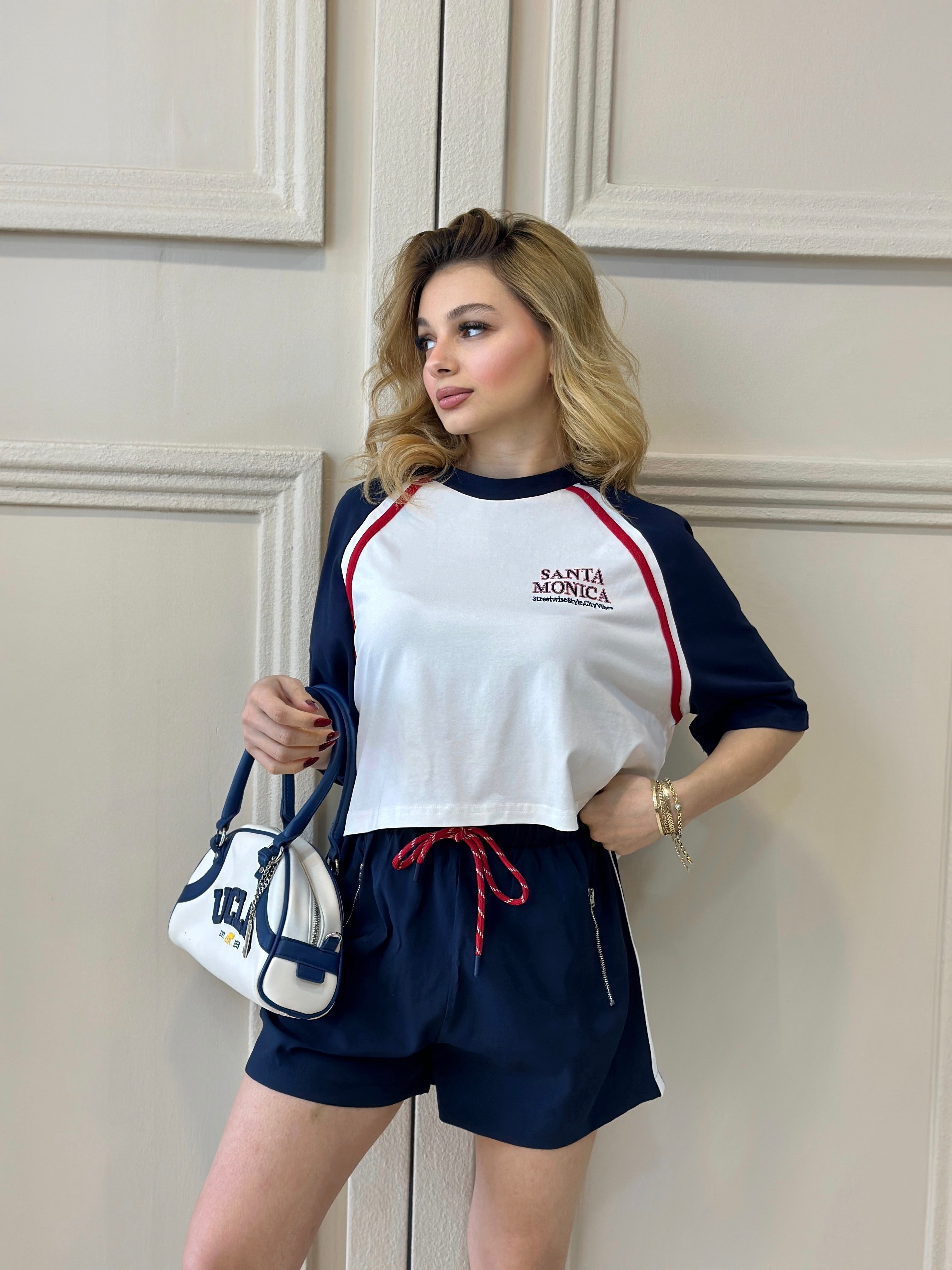 Beli Bağcıklı Lastikli Şort Crop Takım