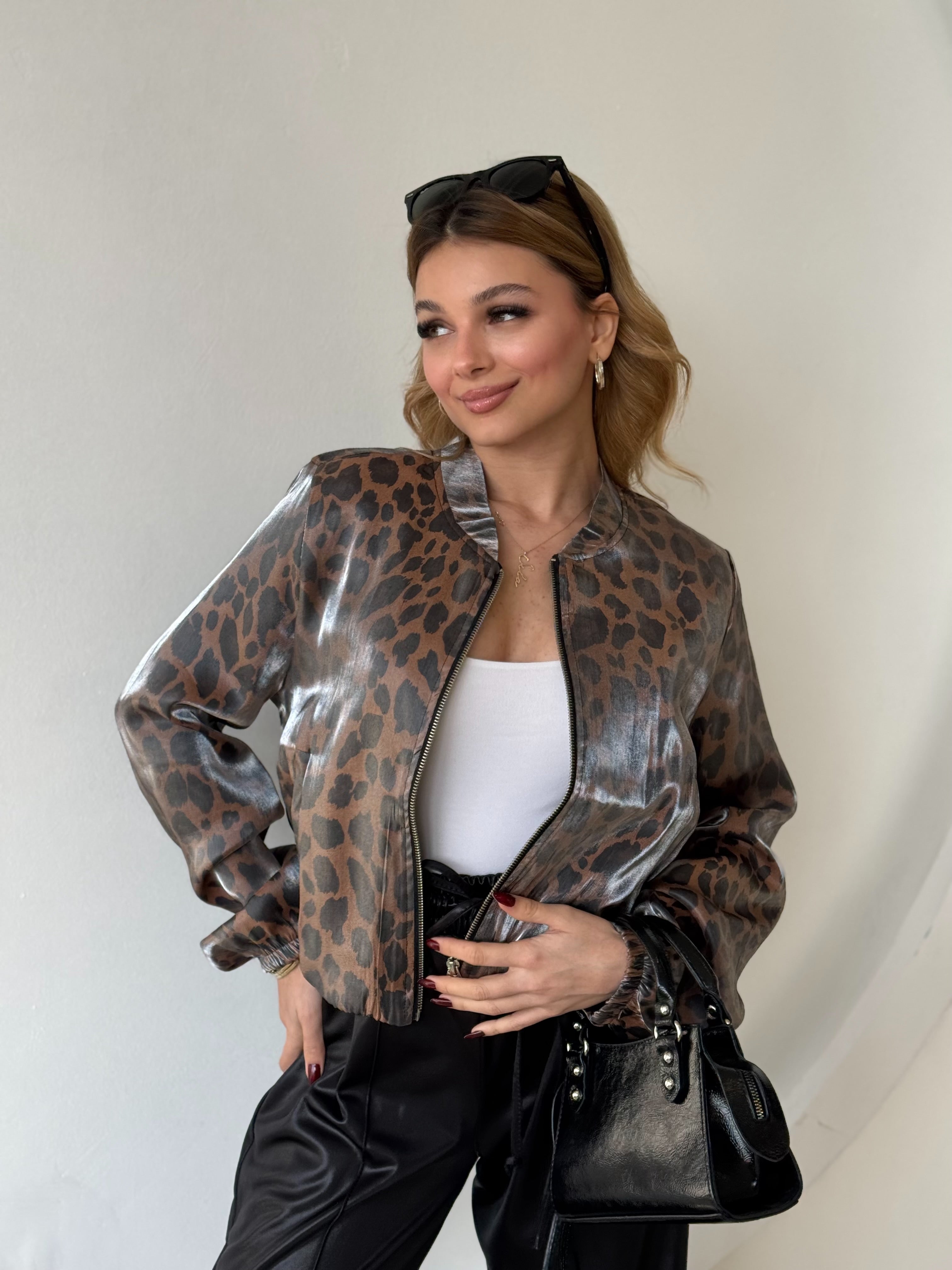 Saten Leopar Desen Bomber Ceket