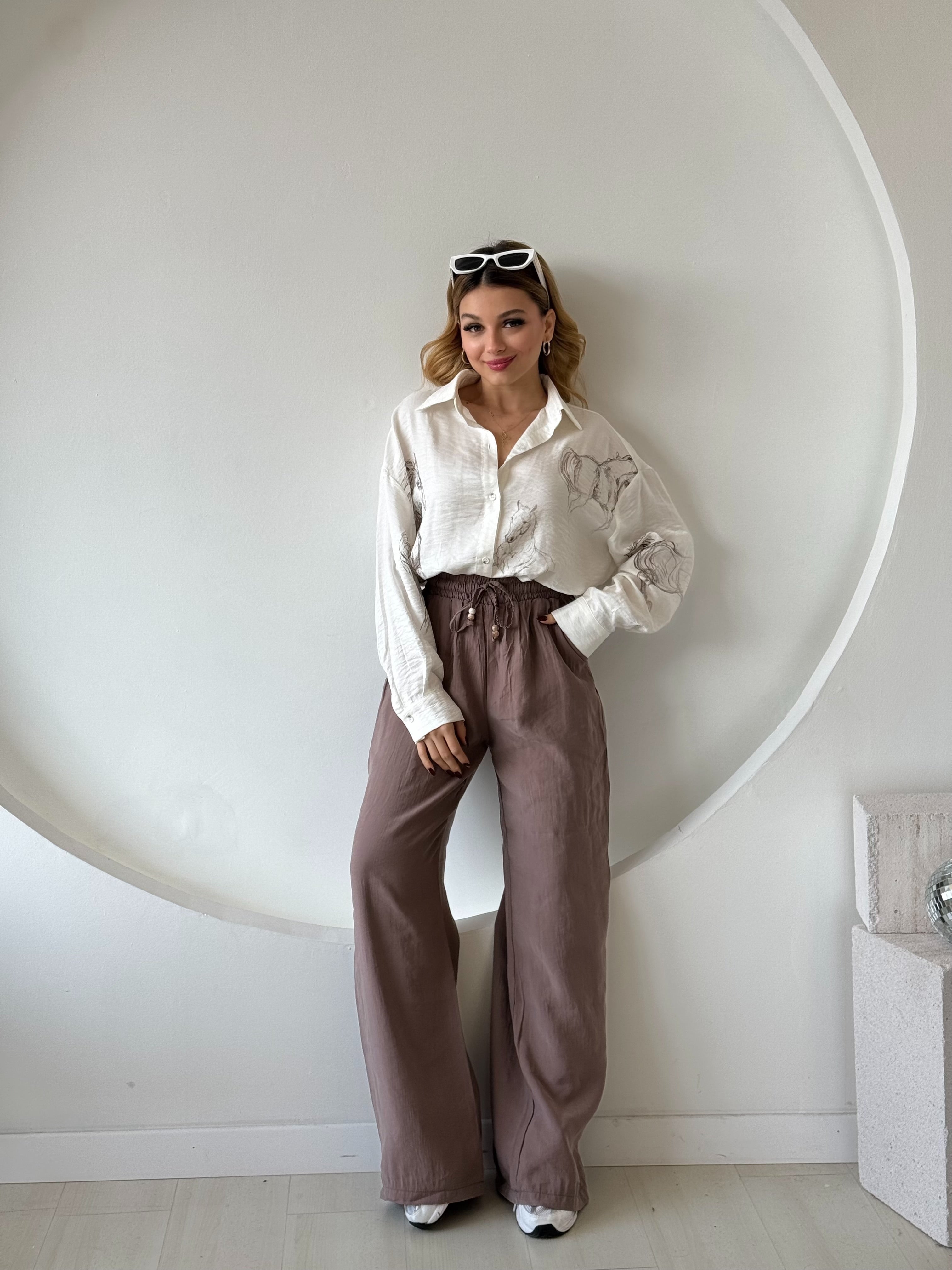 Kahverengi Beli Lastikli Bol Paça Pantolon