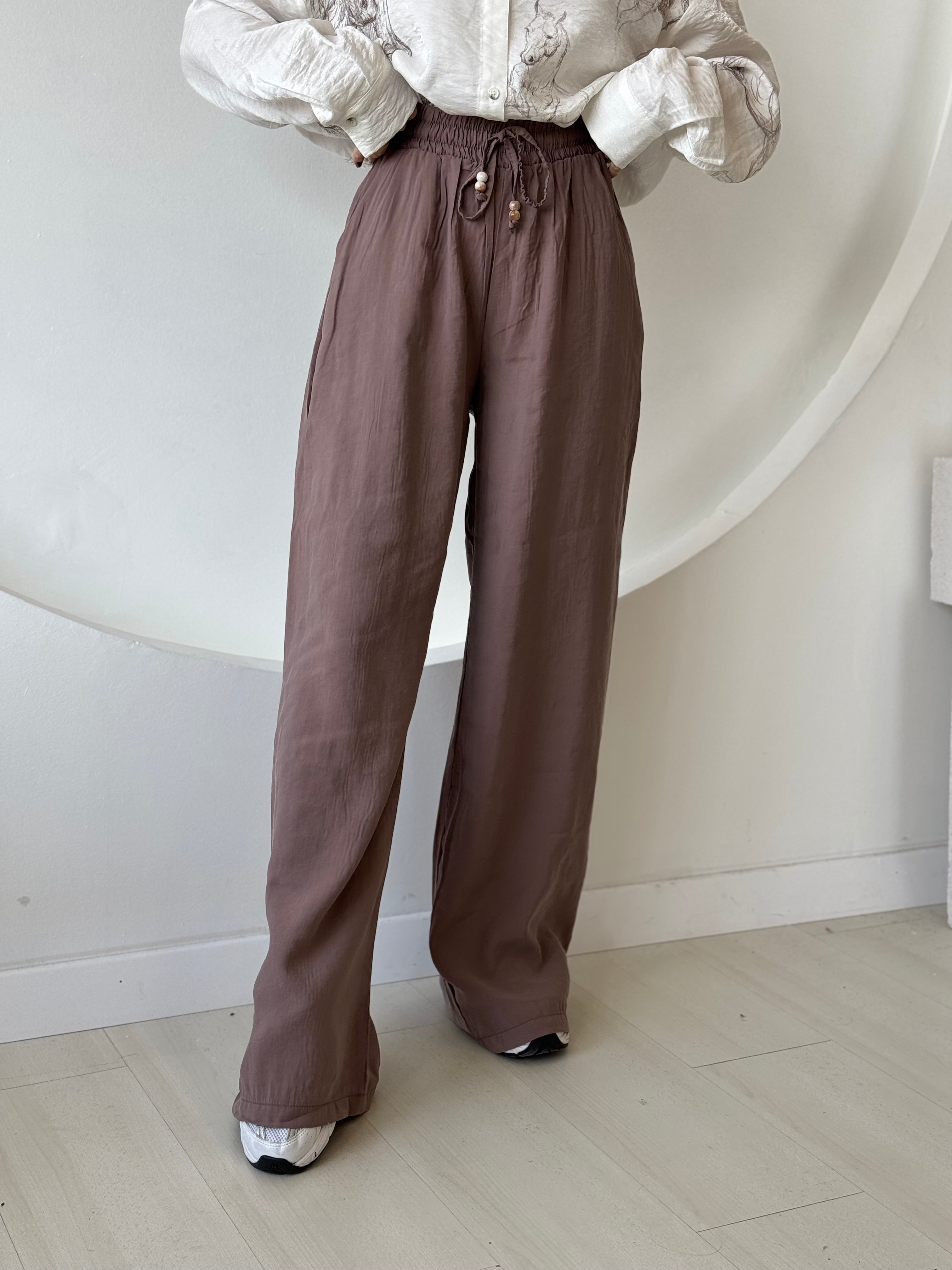 Kahverengi Beli Lastikli Bol Paça Pantolon