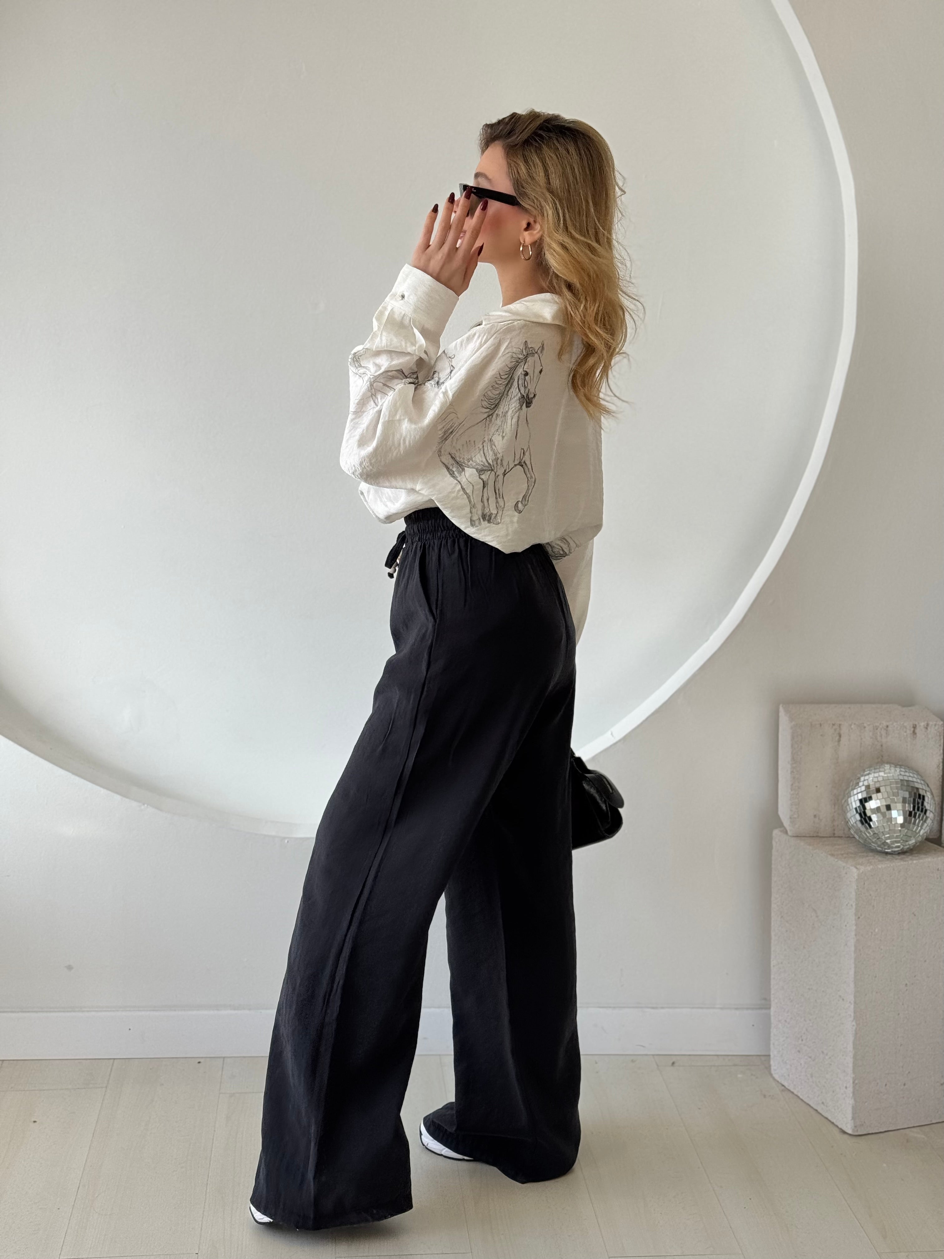 Siyah Beli Lastikli Bol Paça Pantolon