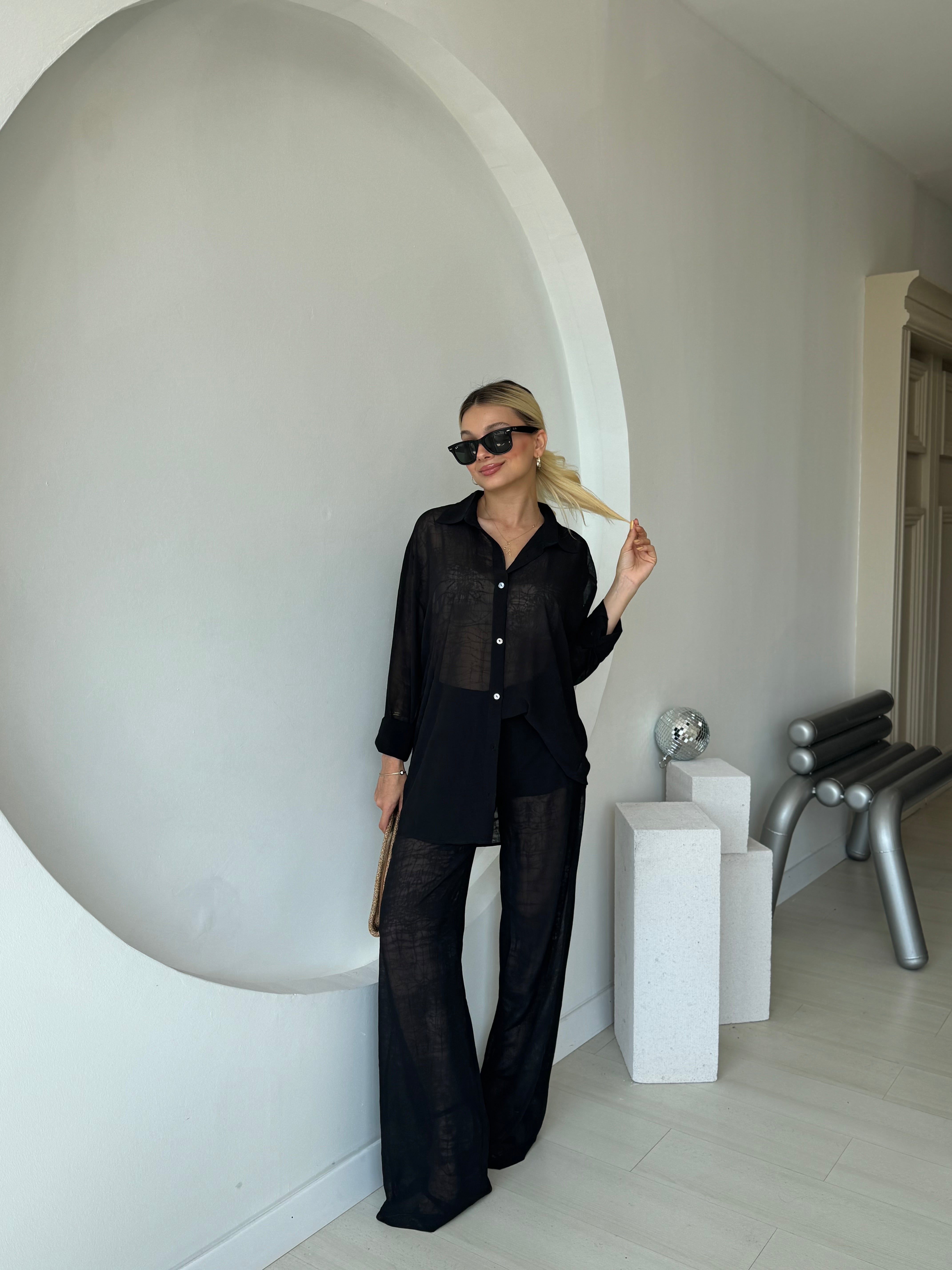 Transparan Şortlu Pantolon Gömlek Takım