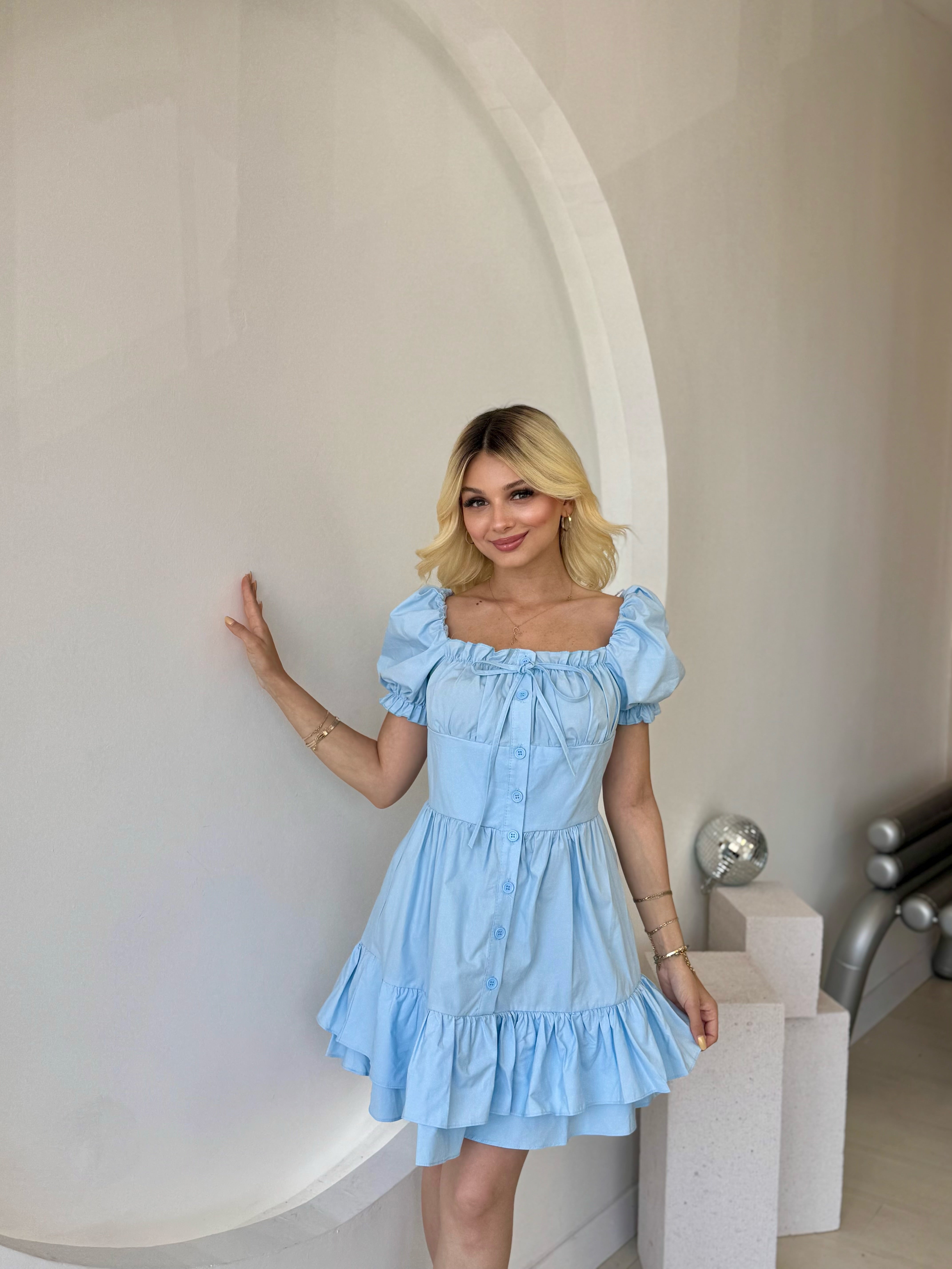 Mavi Kabarık Kol Ve Düğme Detaylı Elbise