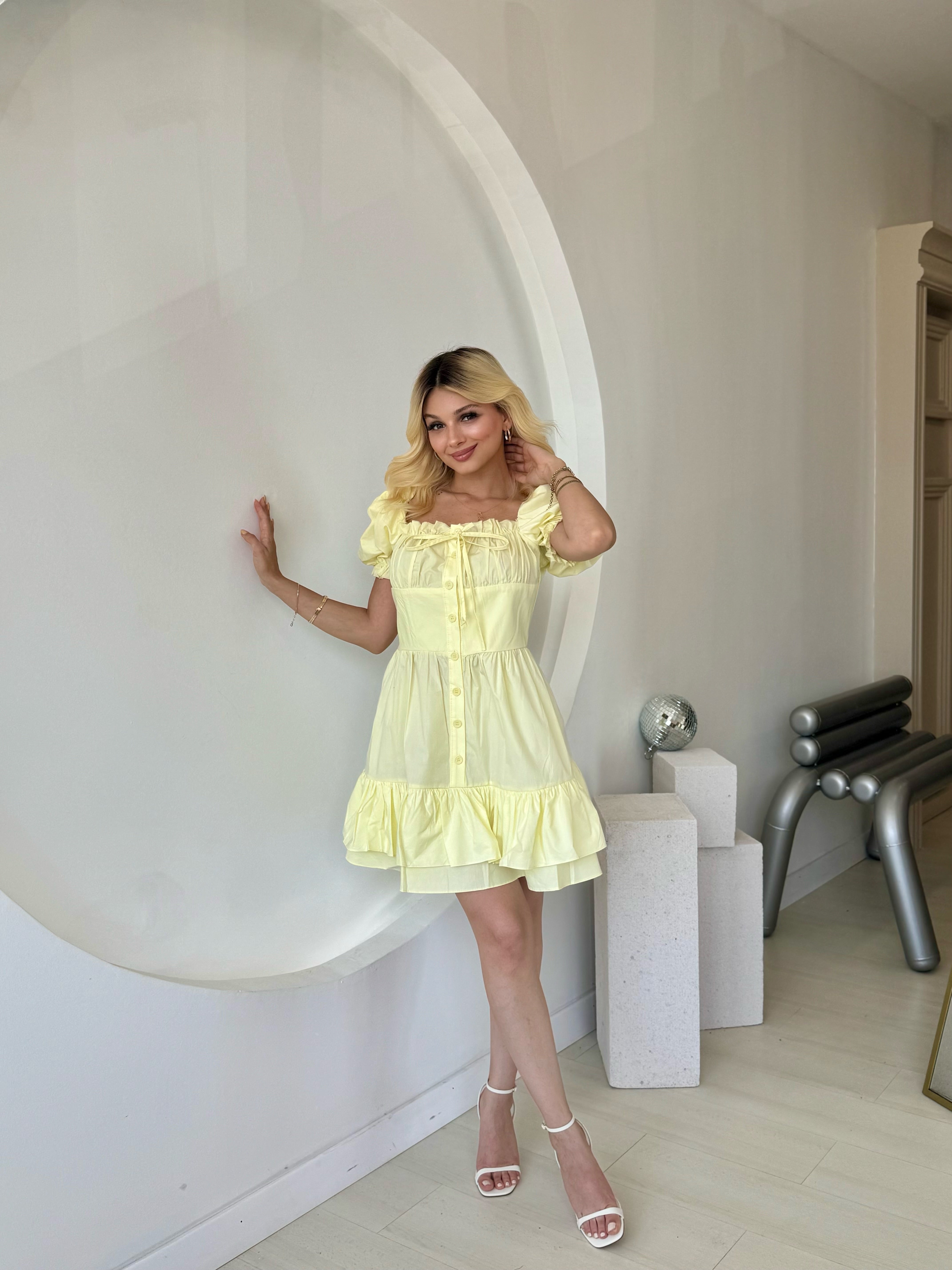 Sarı Kabarık Kol Ve Düğme Detaylı Elbise