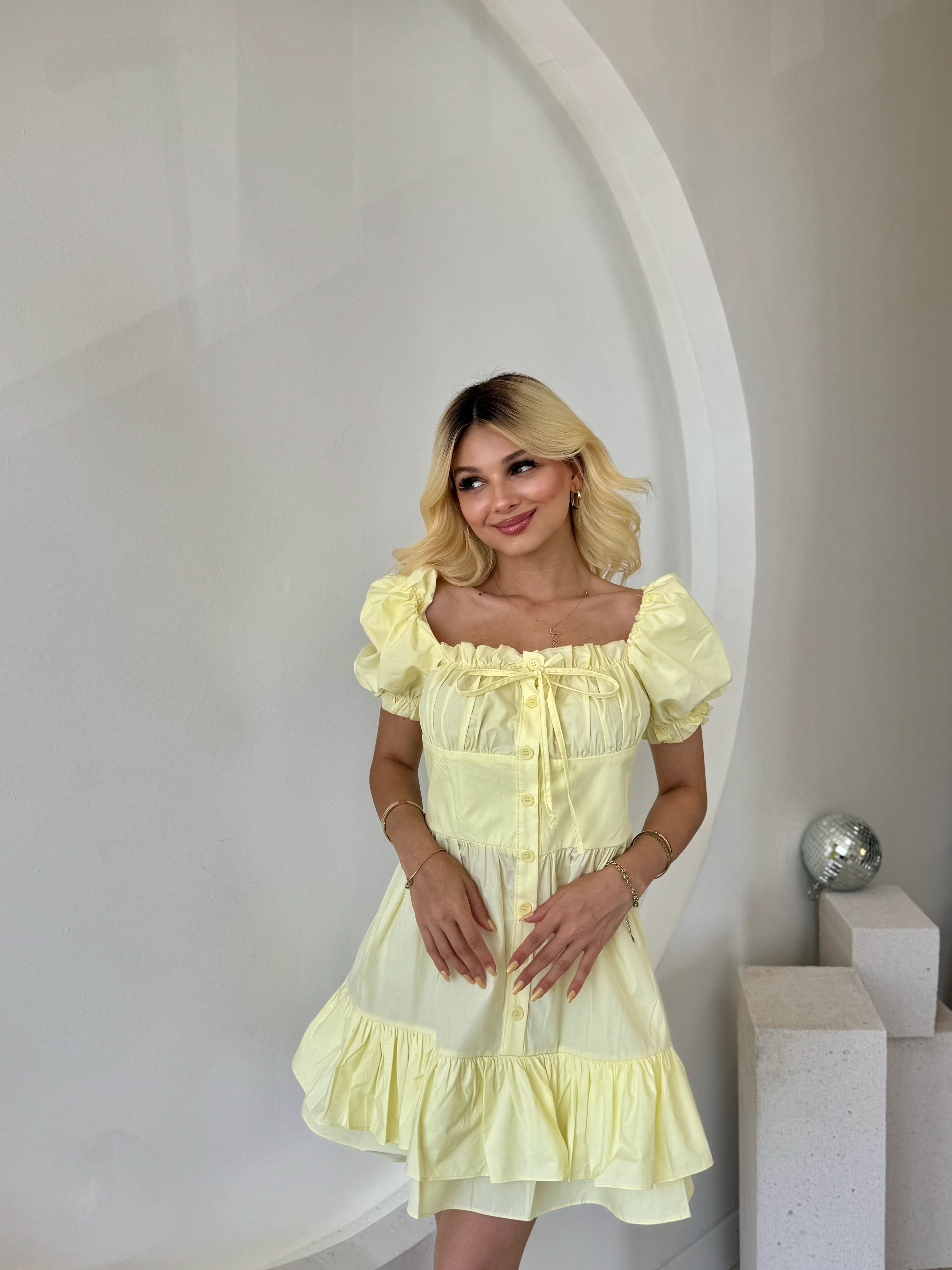 Sarı Kabarık Kol Ve Düğme Detaylı Elbise