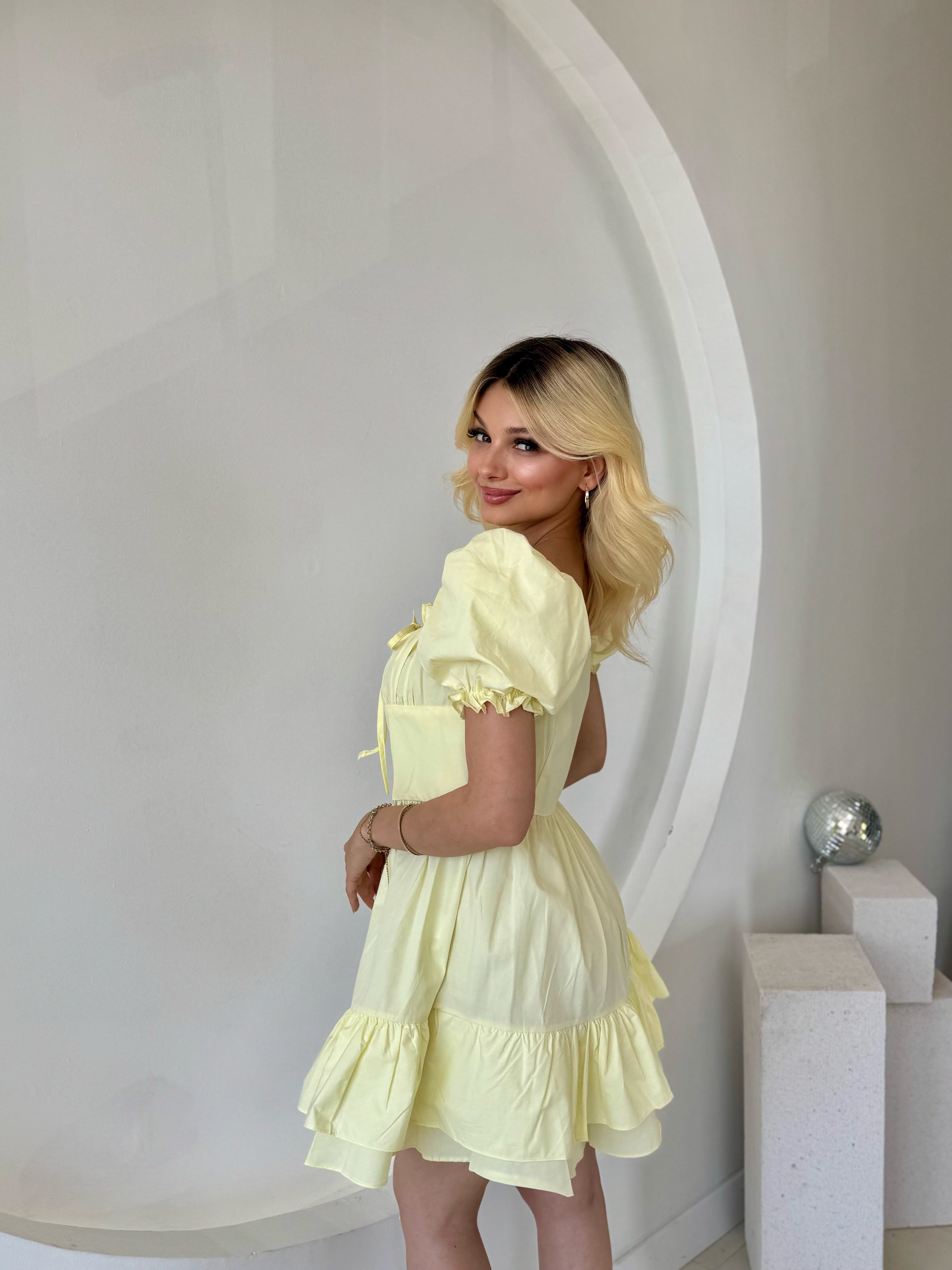 Sarı Kabarık Kol Ve Düğme Detaylı Elbise