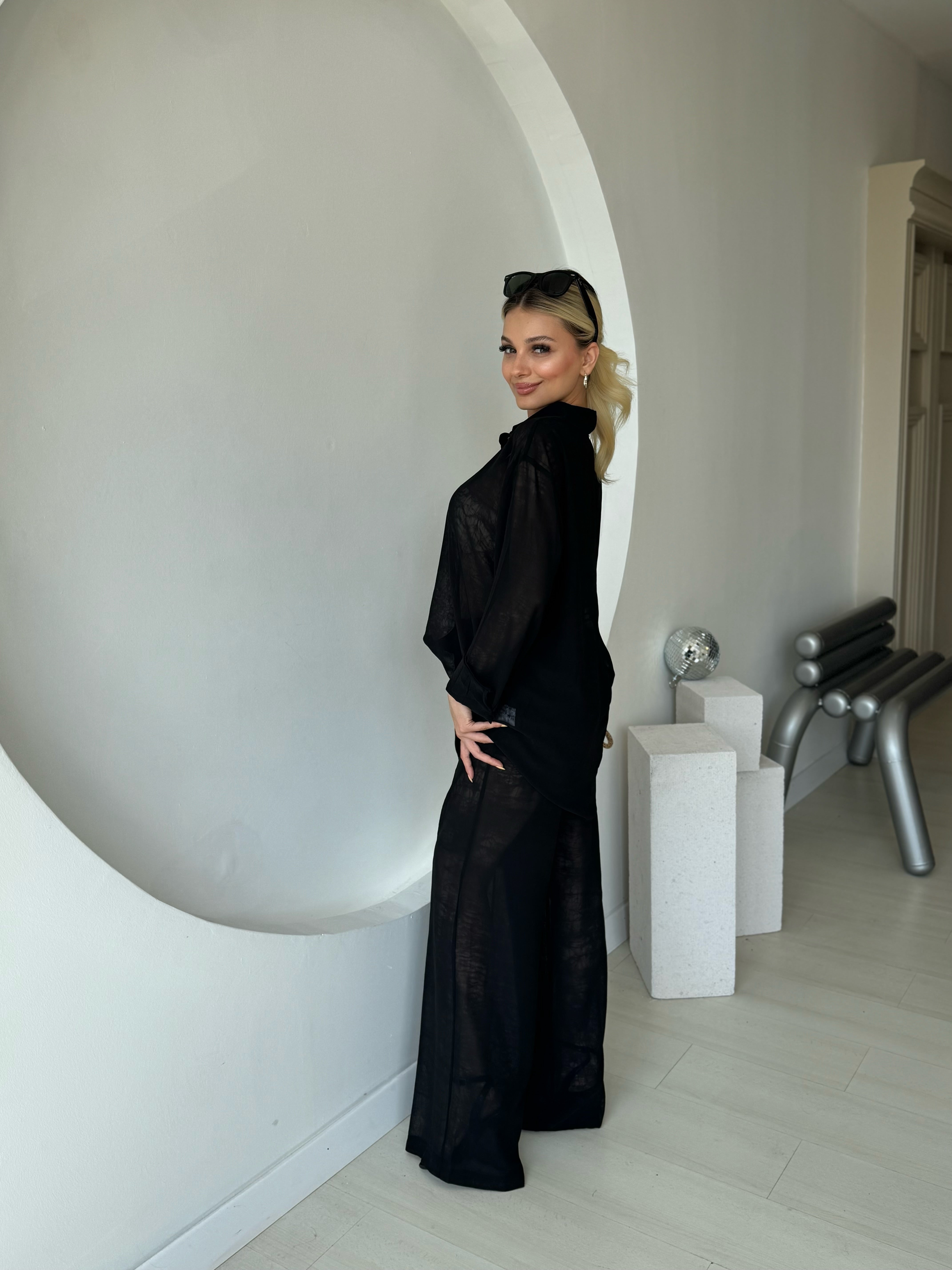 Transparan Şortlu Pantolon Gömlek Takım