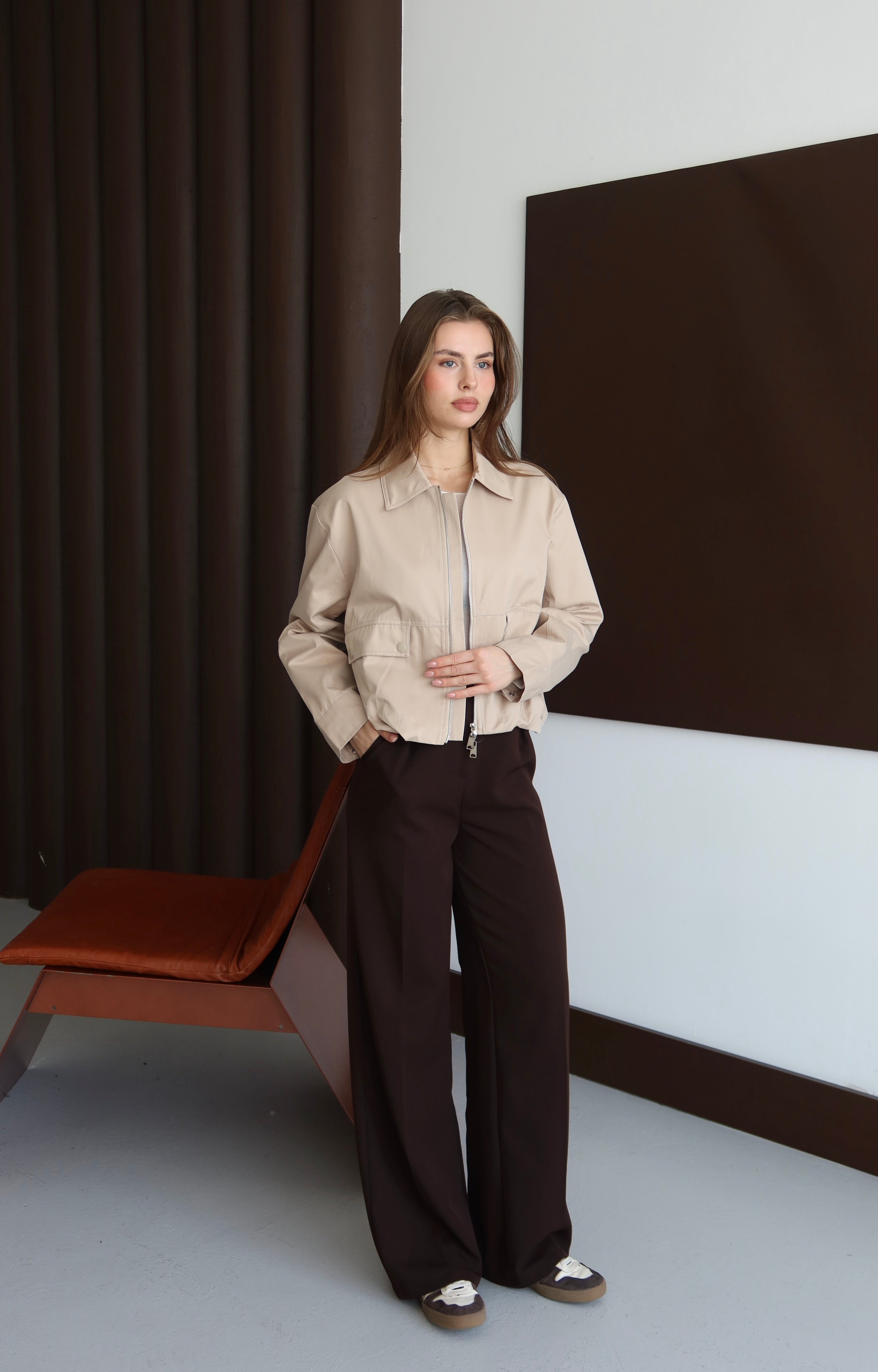 Bej Şerit Detaylı Bomber Ceket