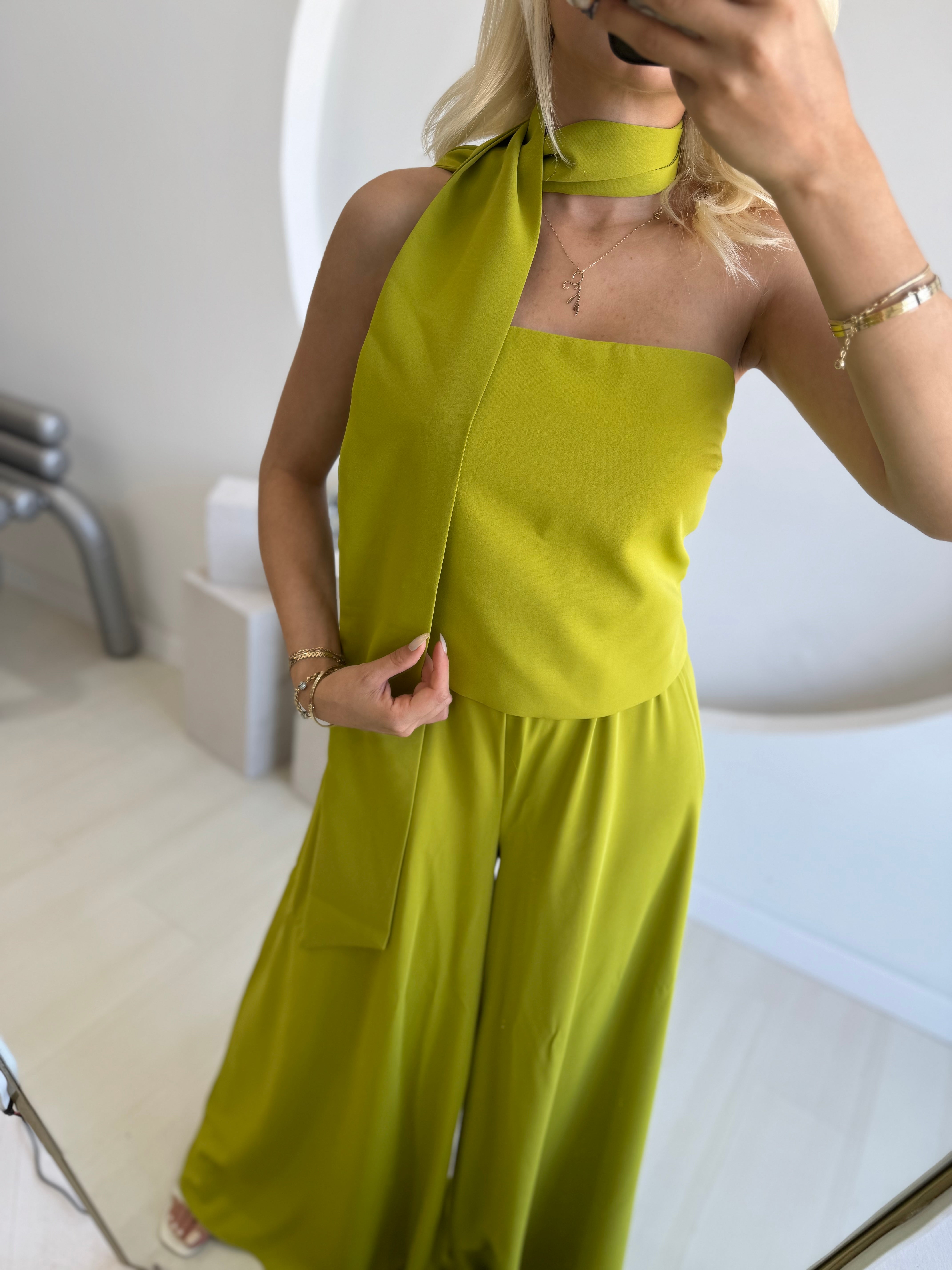 Straplez Bluz Geniş Paça Pantolon Takım