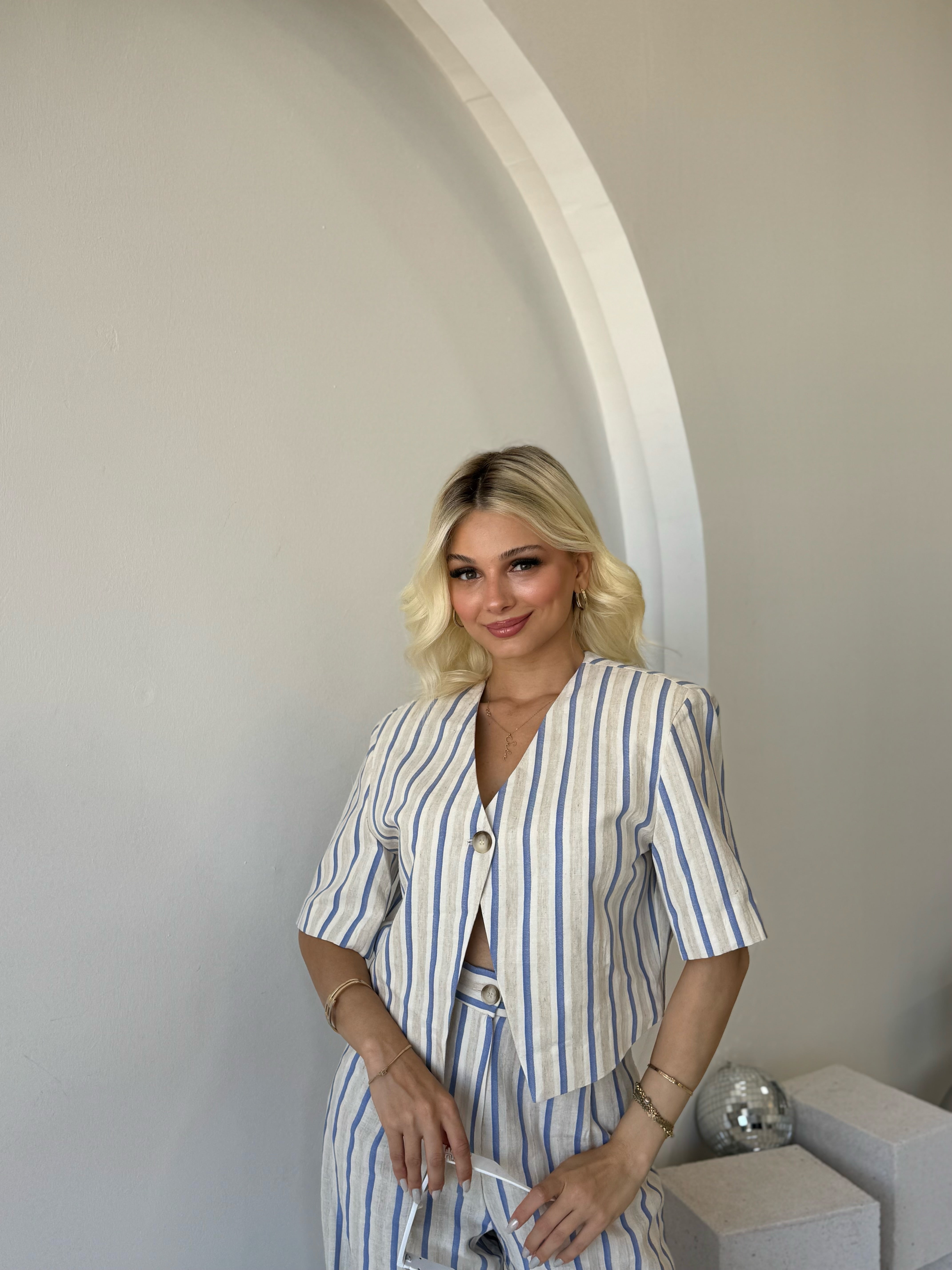 Çizgili Tek Düğme Kısa kol Ceket Düz Kesim Pantolon Takım