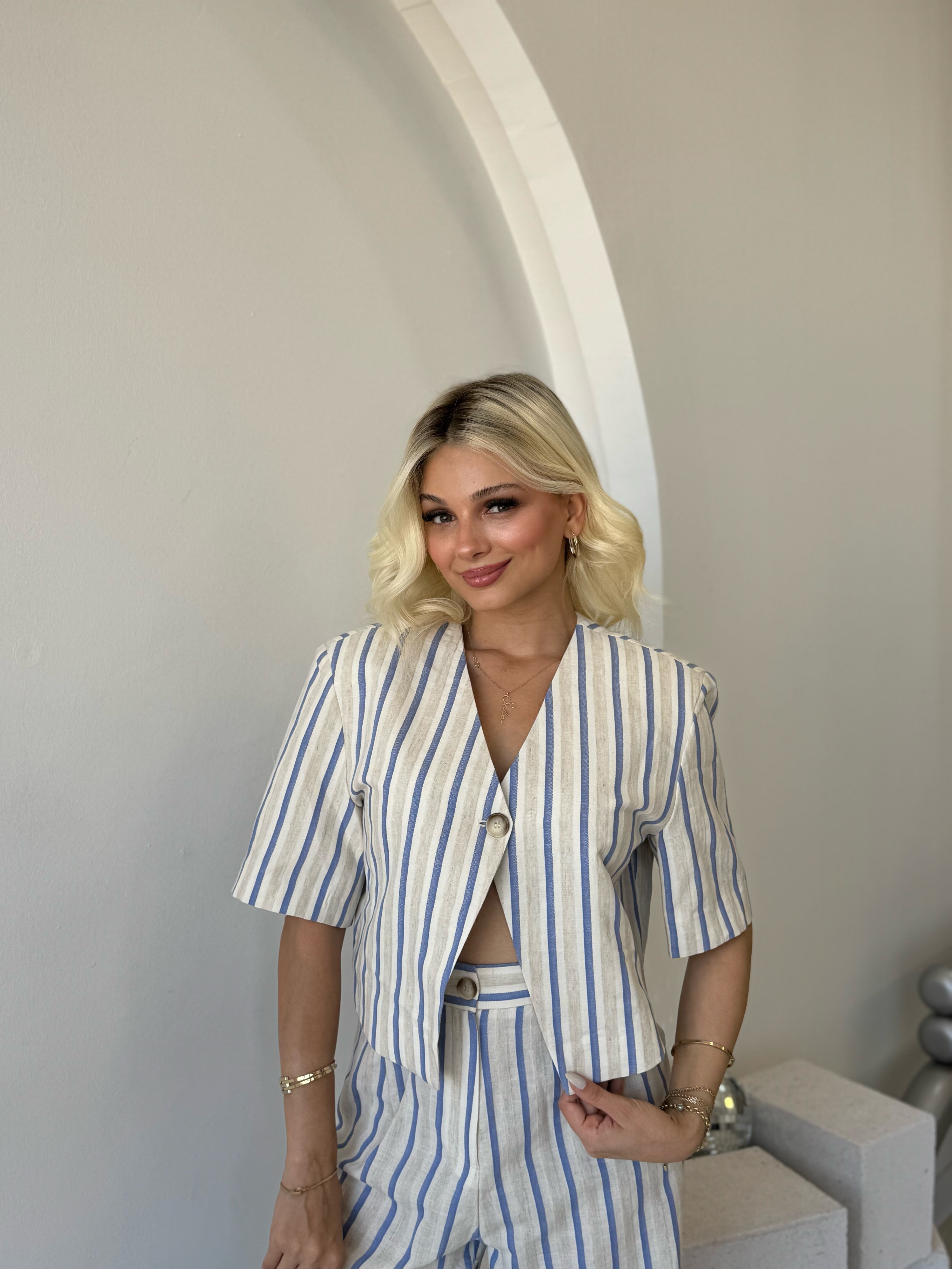 Çizgili Tek Düğme Kısa kol Ceket Düz Kesim Pantolon Takım