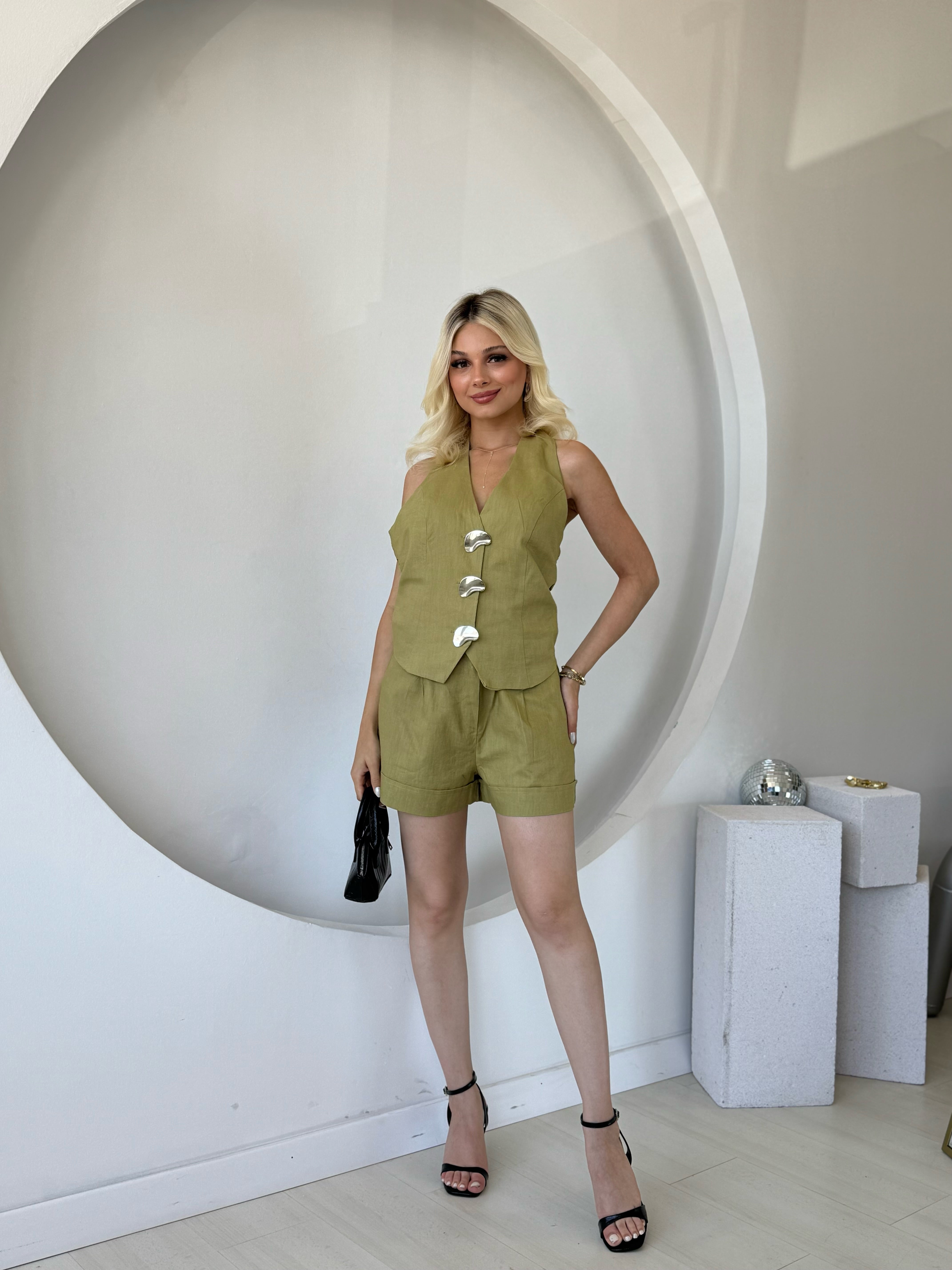 Premium Keten Yeşil Yelek Şort Takım