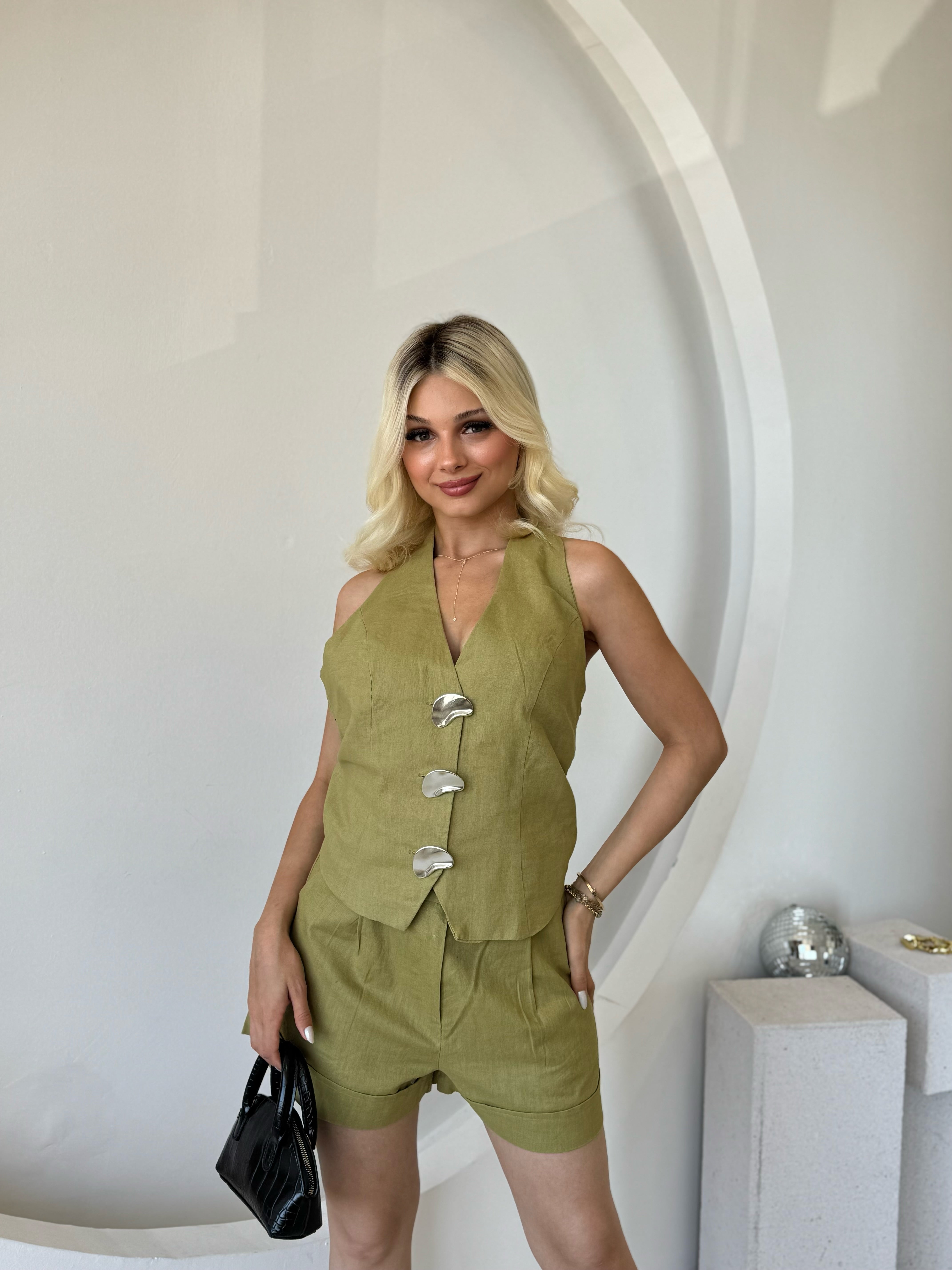 Premium Keten Yeşil Yelek Şort Takım