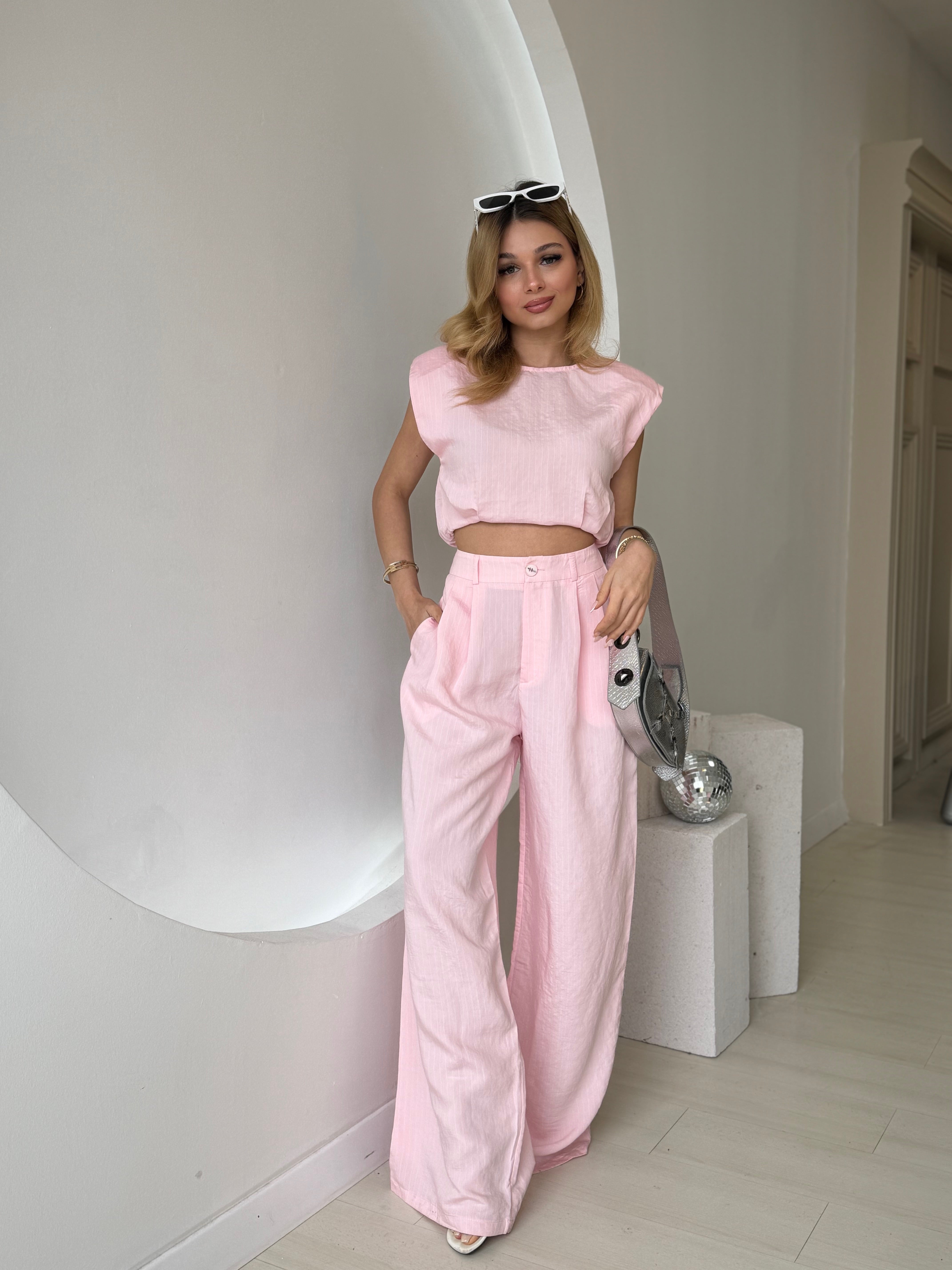Pembe Çizgili Crop Pantolon Takım
