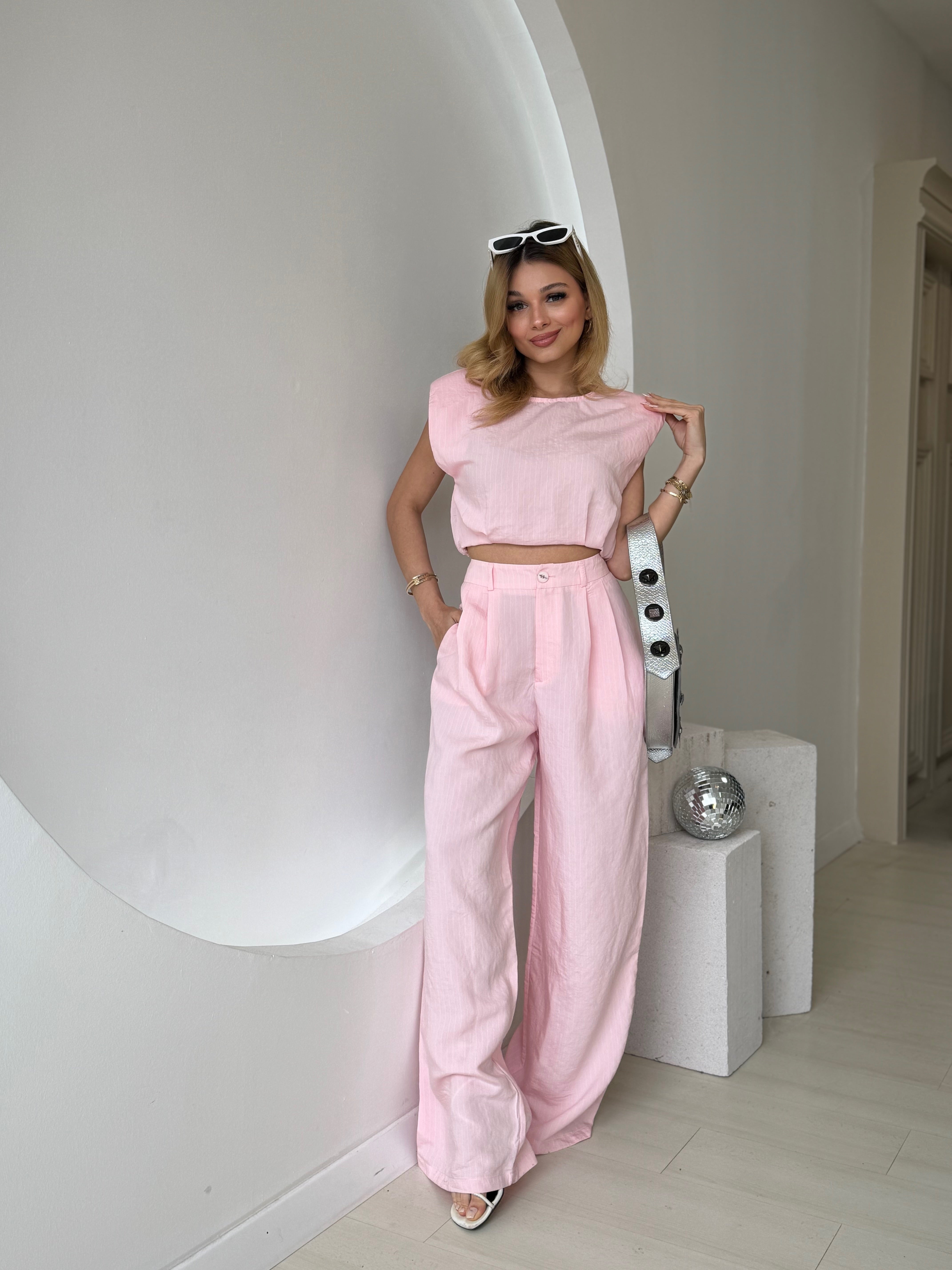 Pembe Çizgili Crop Pantolon Takım