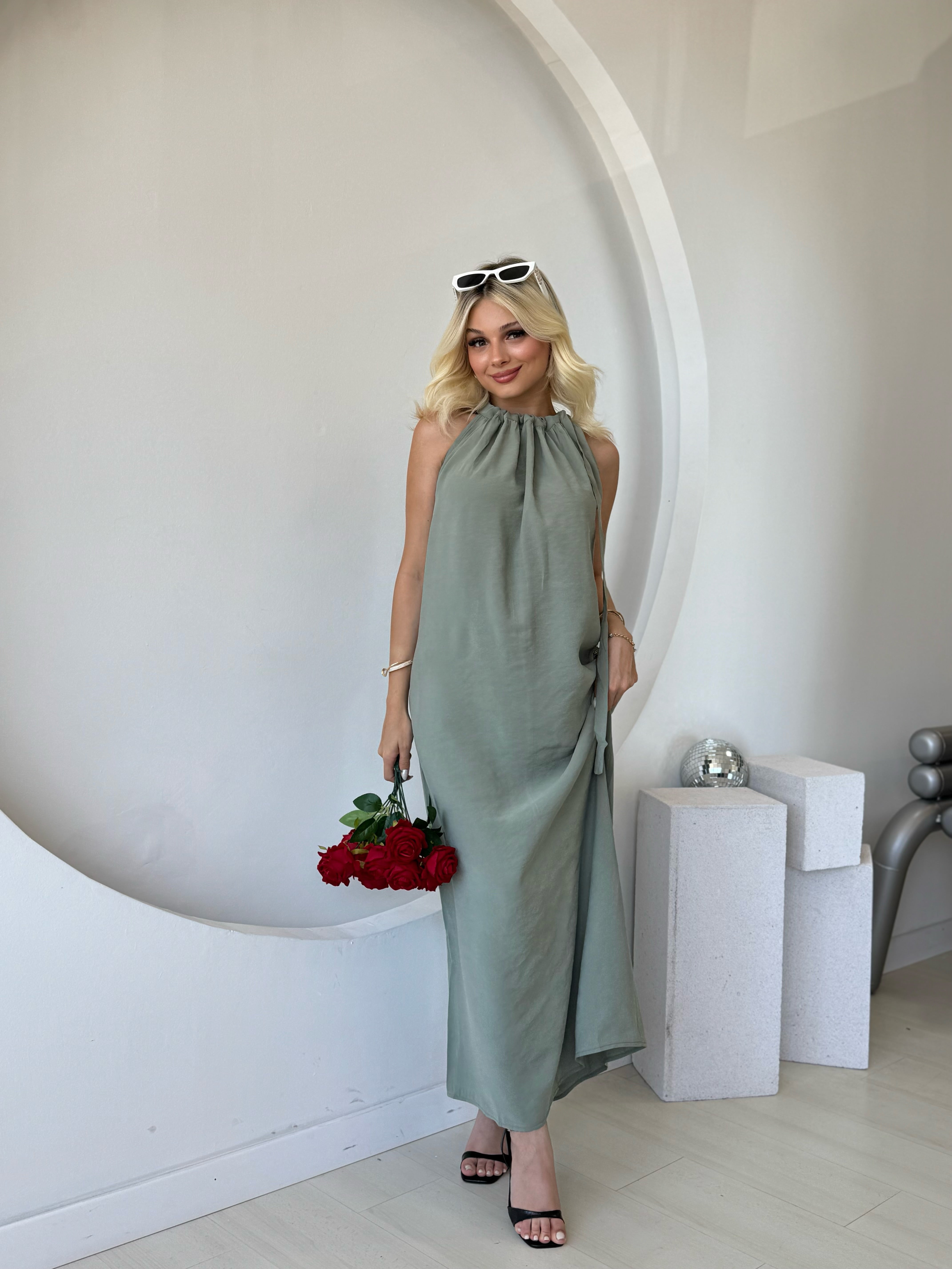 Omuzdan Bağlamalı Haki Elbise