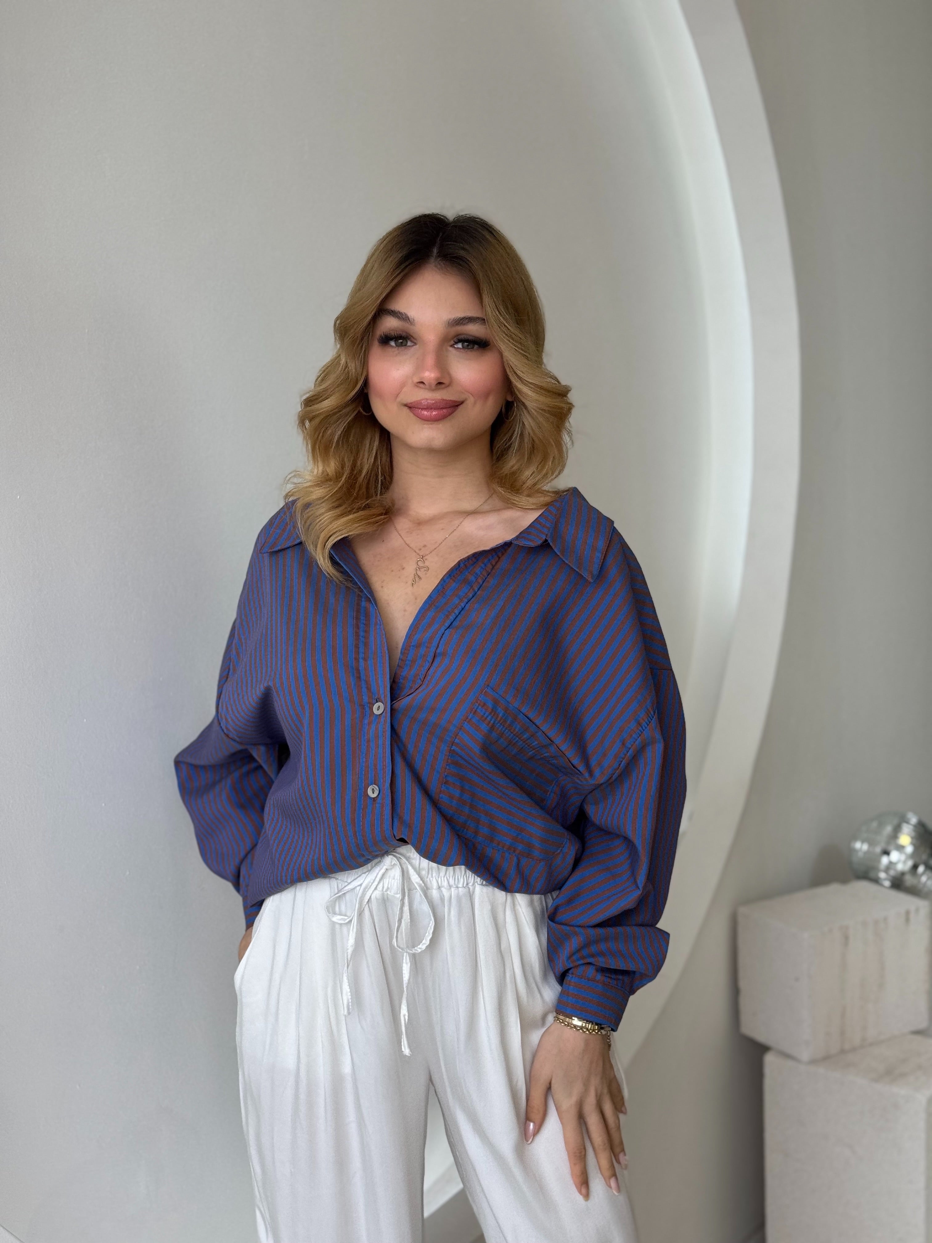 Çizgili Tek Cepli Oversize Gömlek