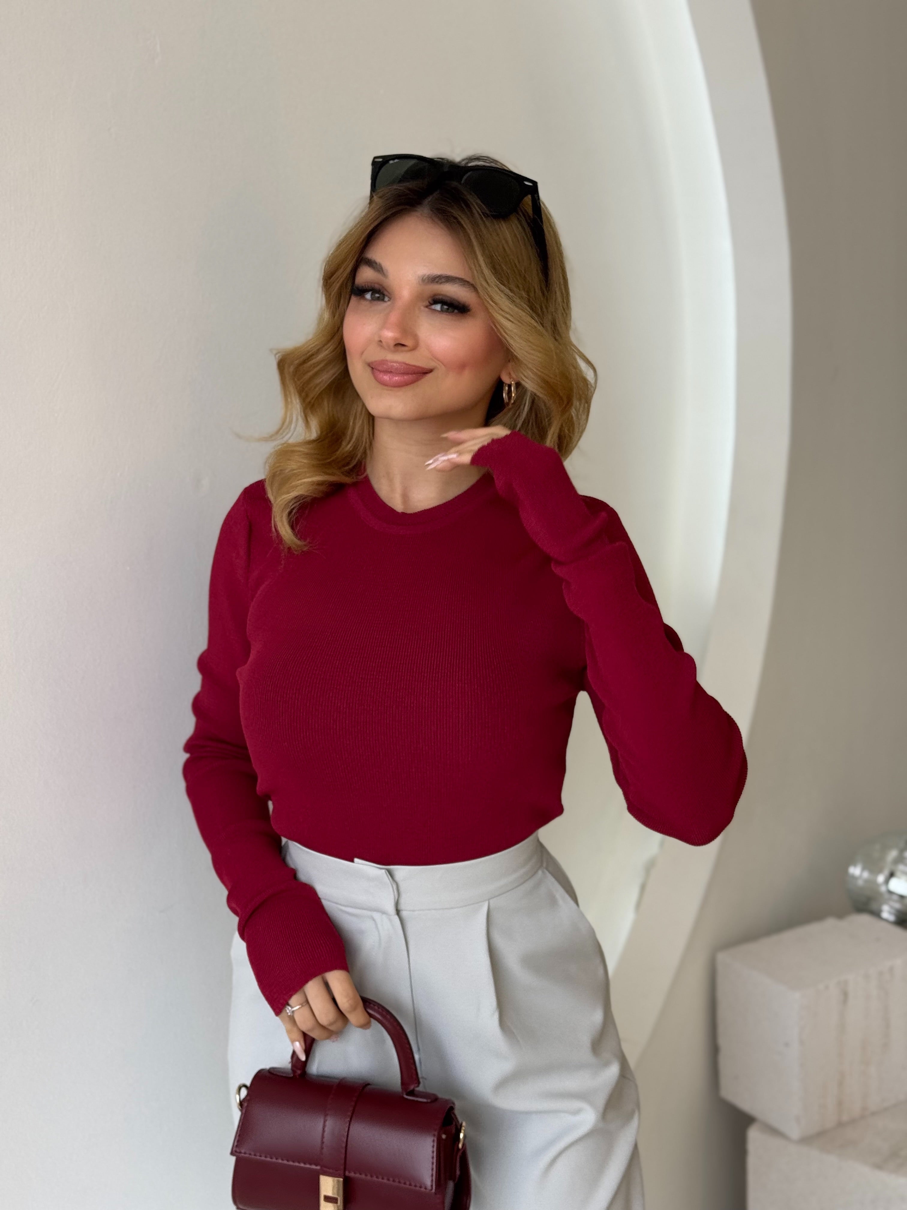 Bilekten Geçmeli Bordo Fitilli Basic Triko