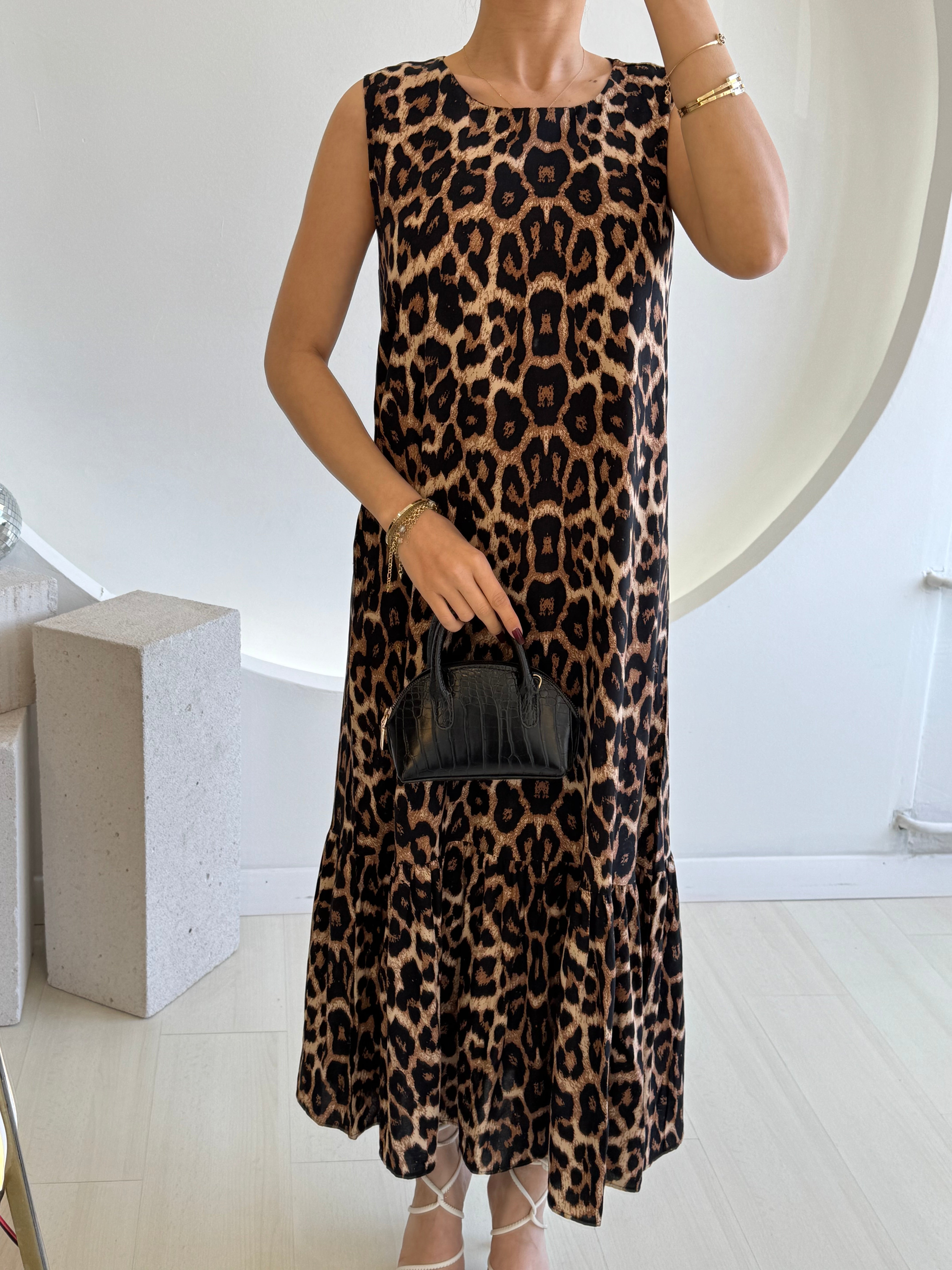 Kolsuz Leopar Desen Uzun Elbise