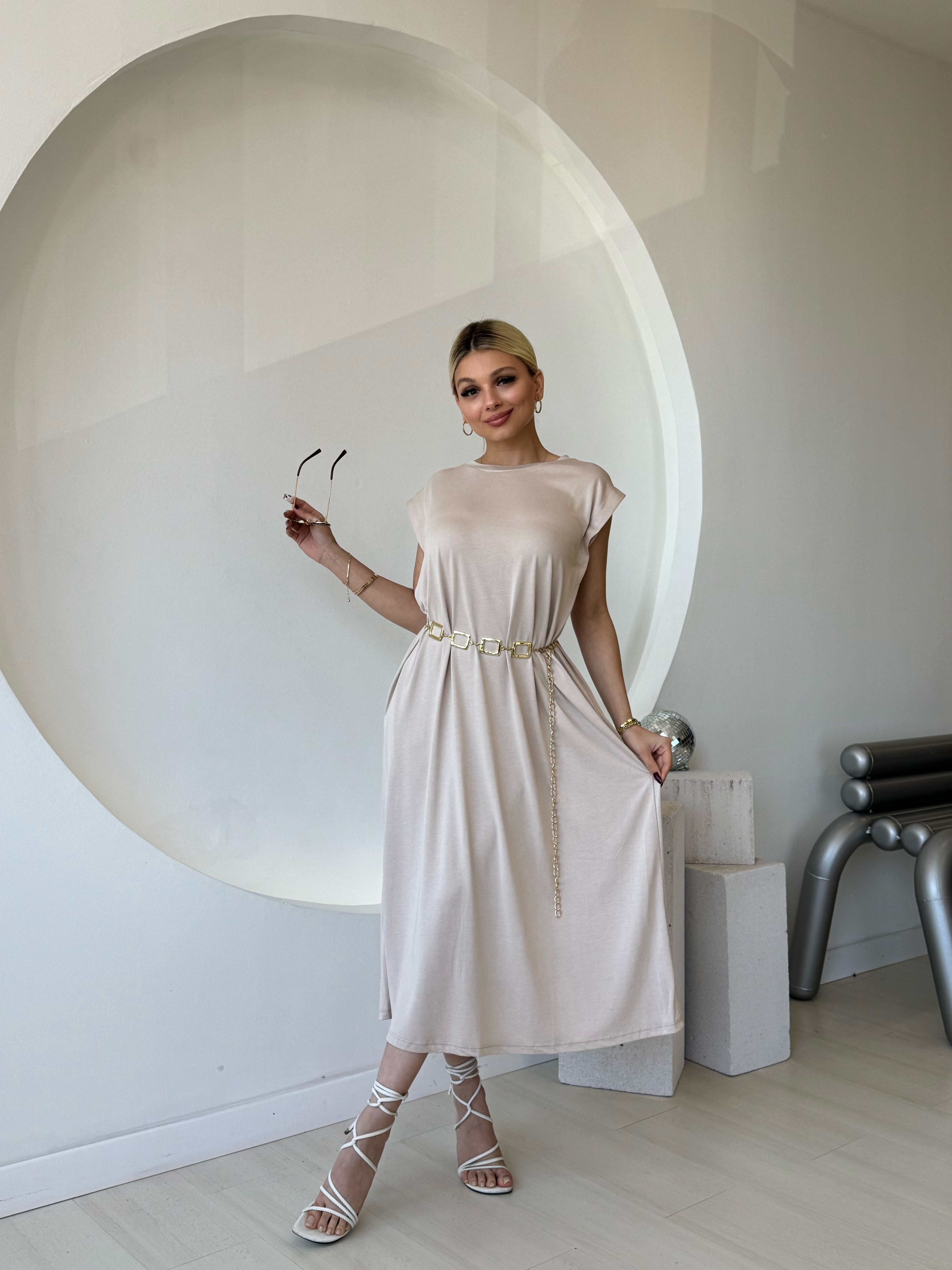 Kalın Askılı Modal Kumaş Bej Elbise