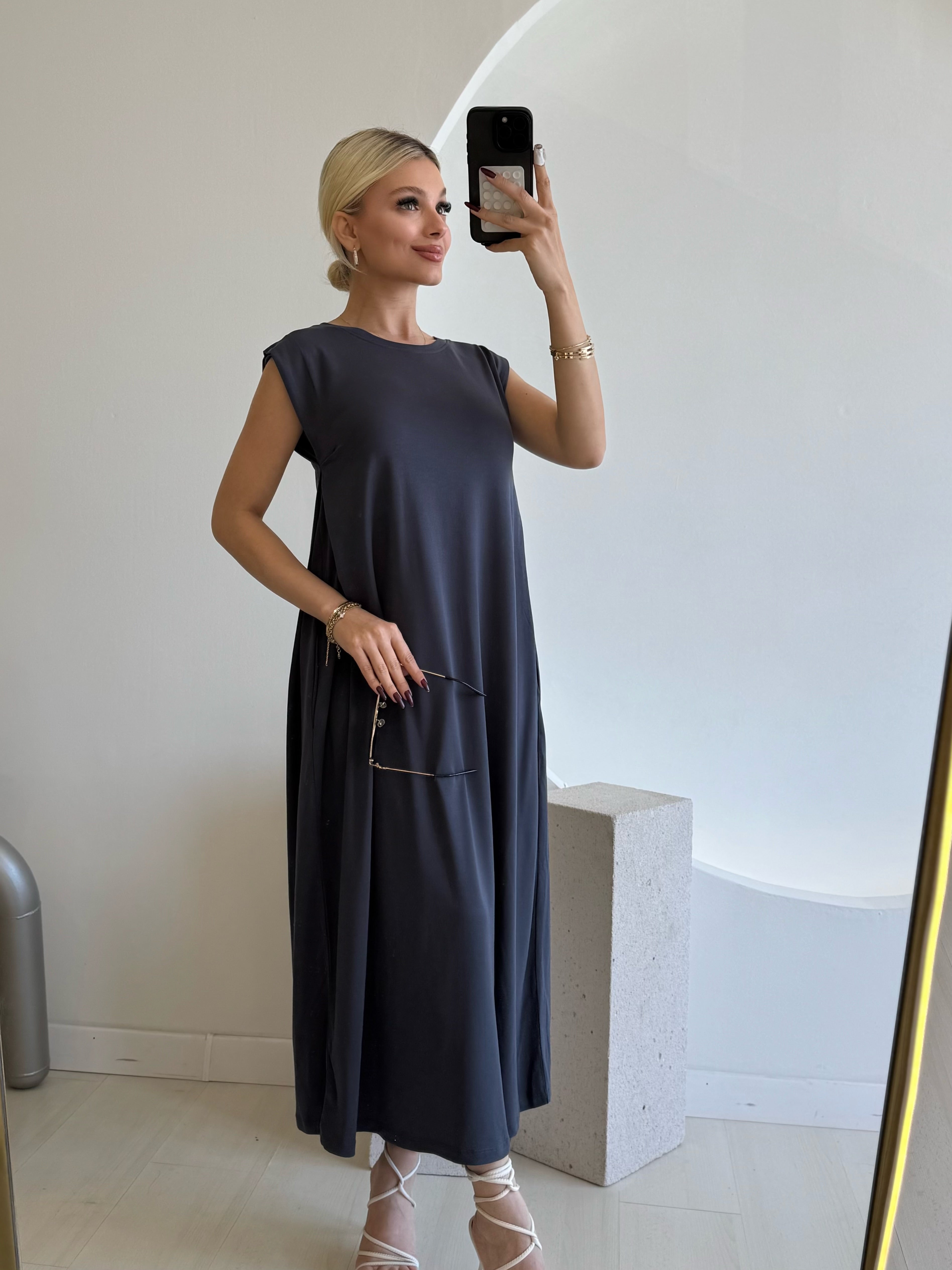 Kalın Askılı Modal Kumaş Antrasit Elbise