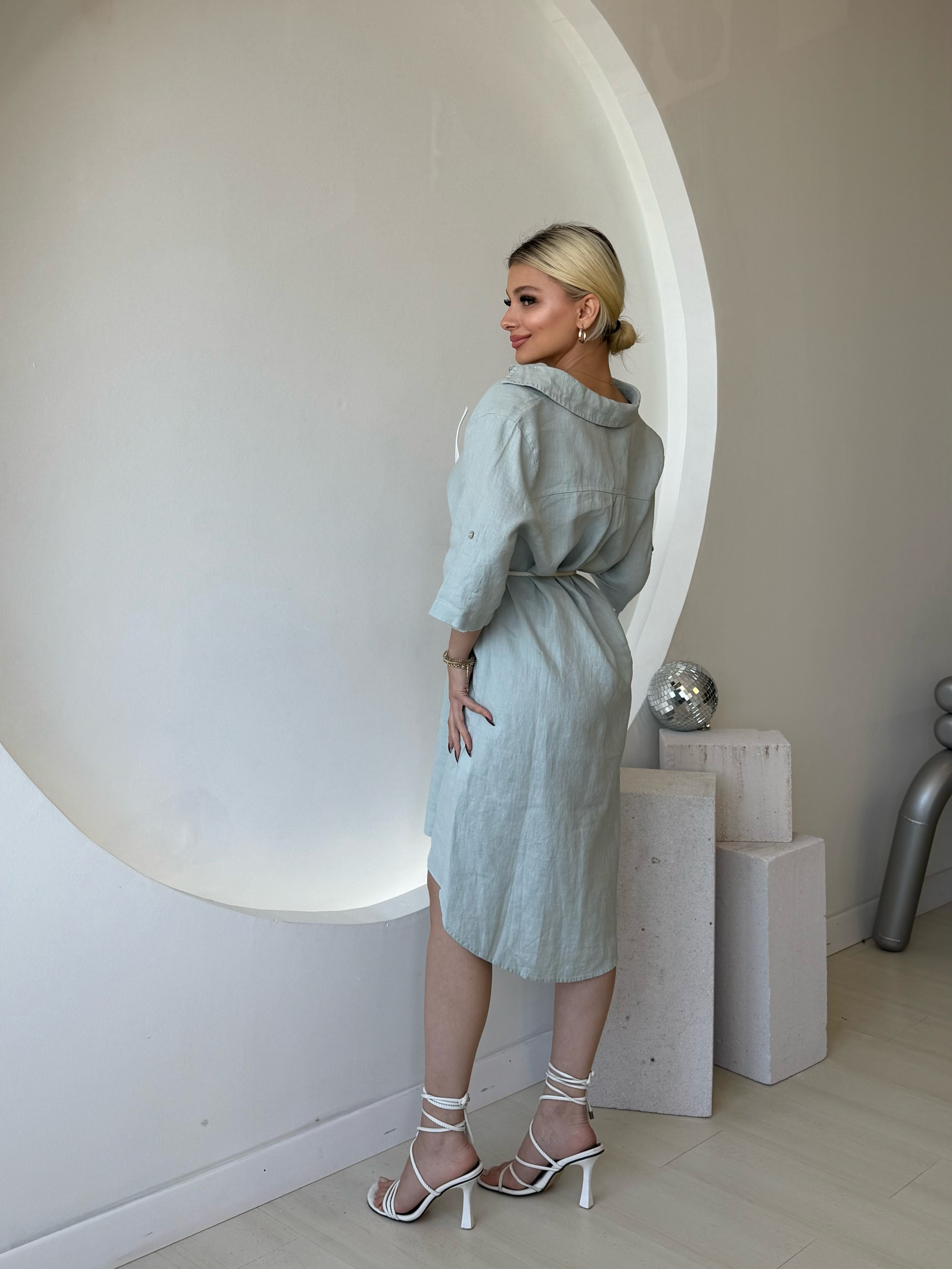 Gömlek Yaka Mint Yeşili Keten Elbise