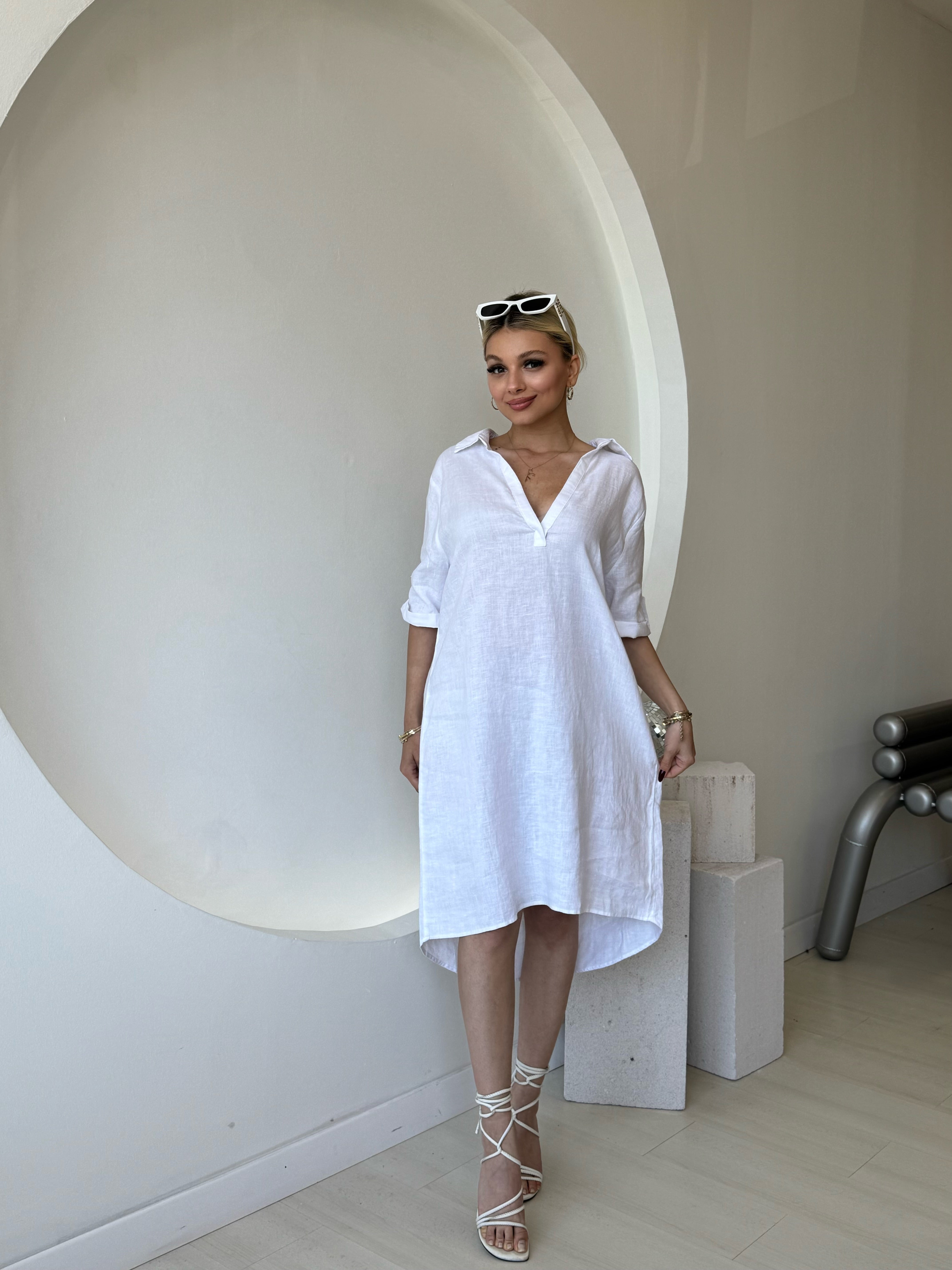 Gömlek Yaka Beyaz Keten Elbise