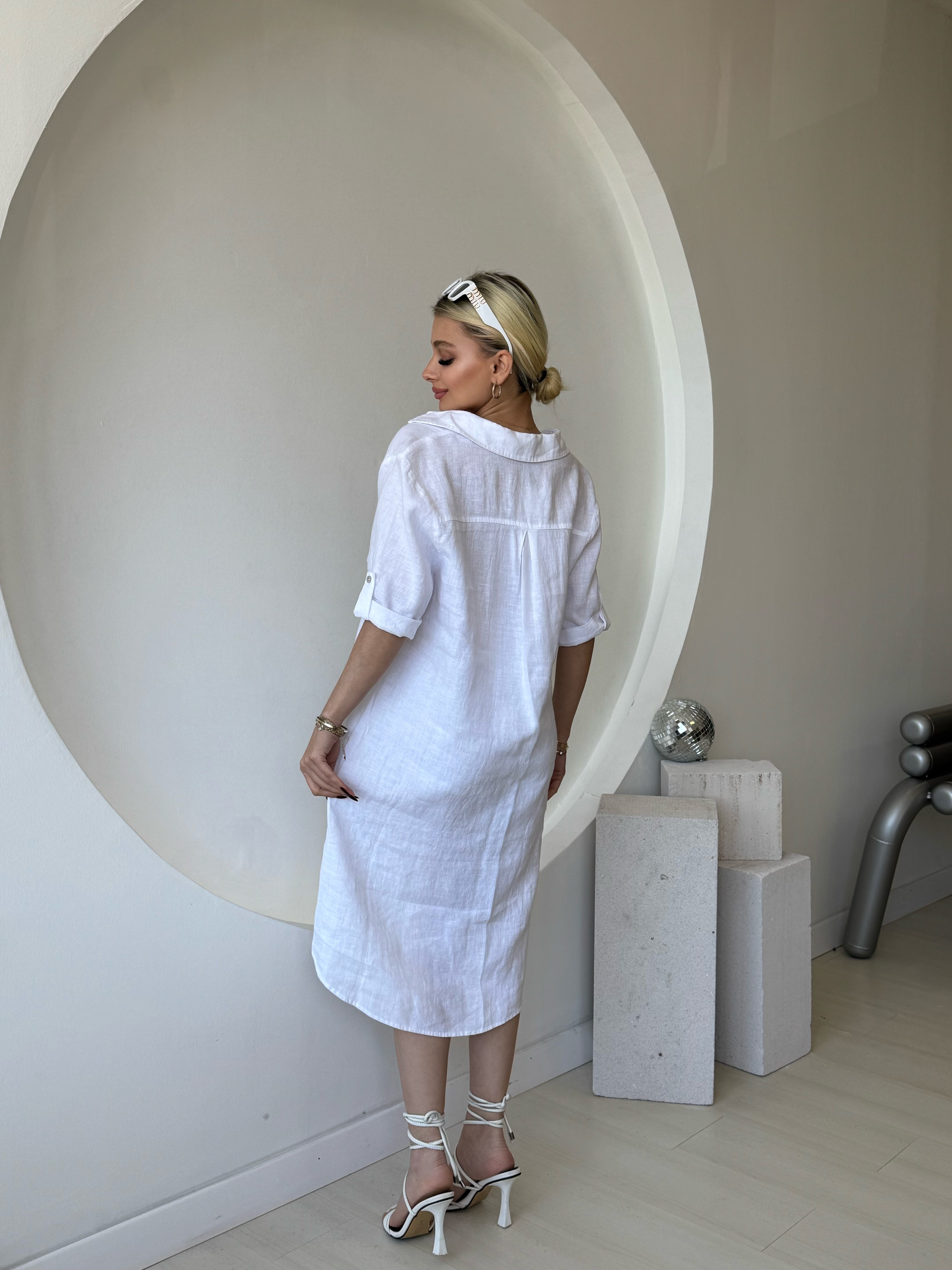 Gömlek Yaka Beyaz Keten Elbise