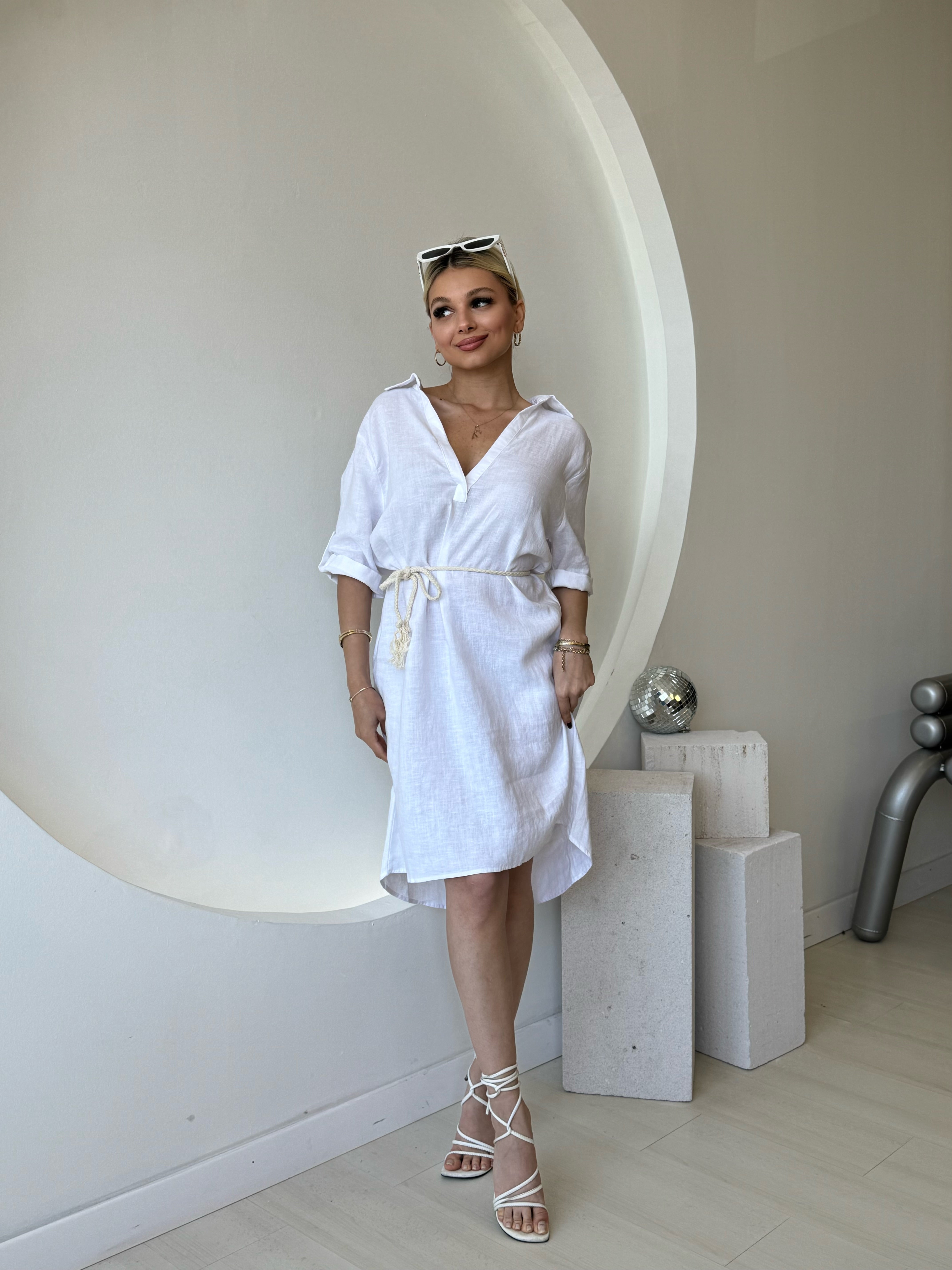 Gömlek Yaka Beyaz Keten Elbise