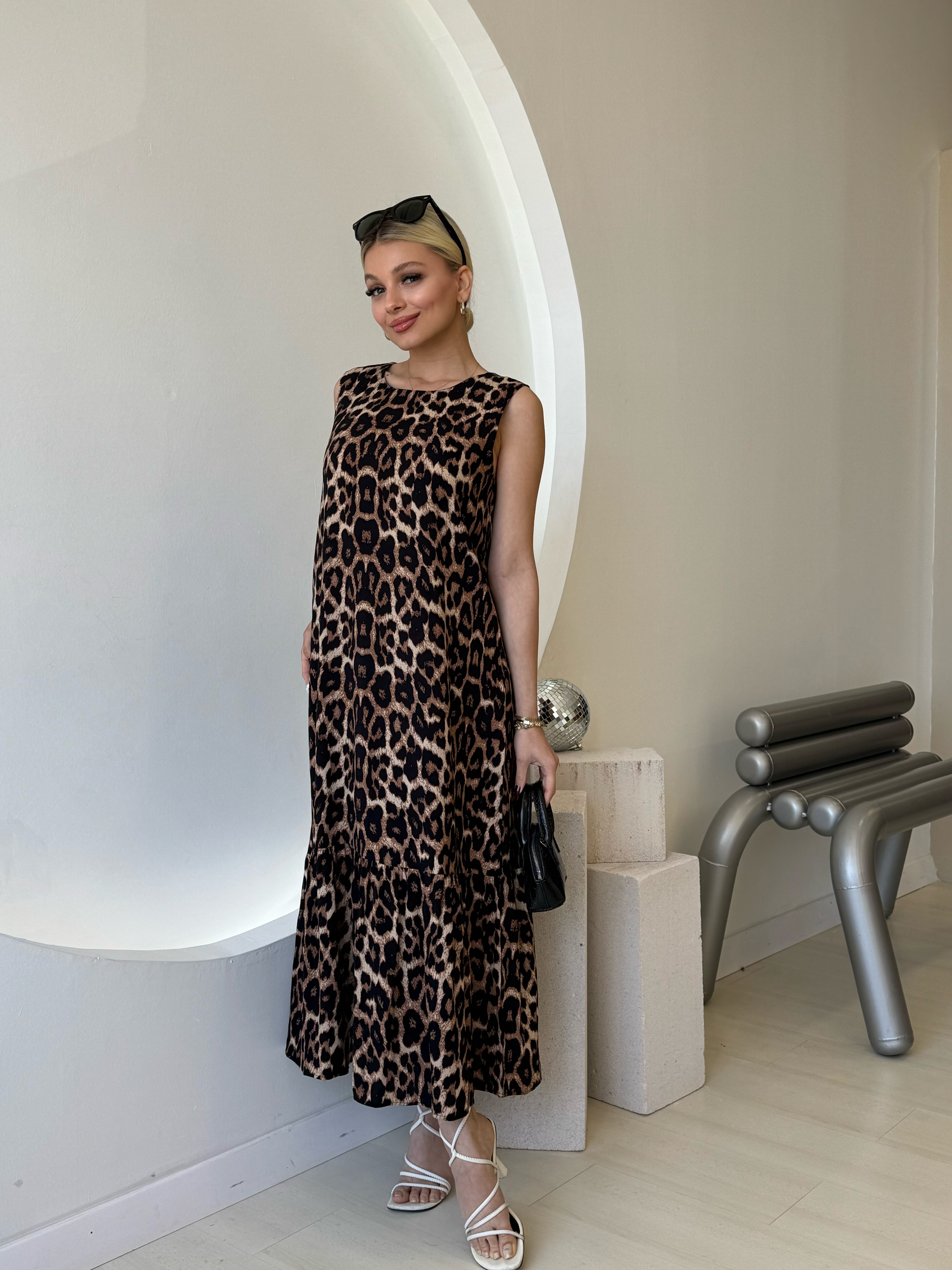 Kolsuz Leopar Desen Uzun Elbise
