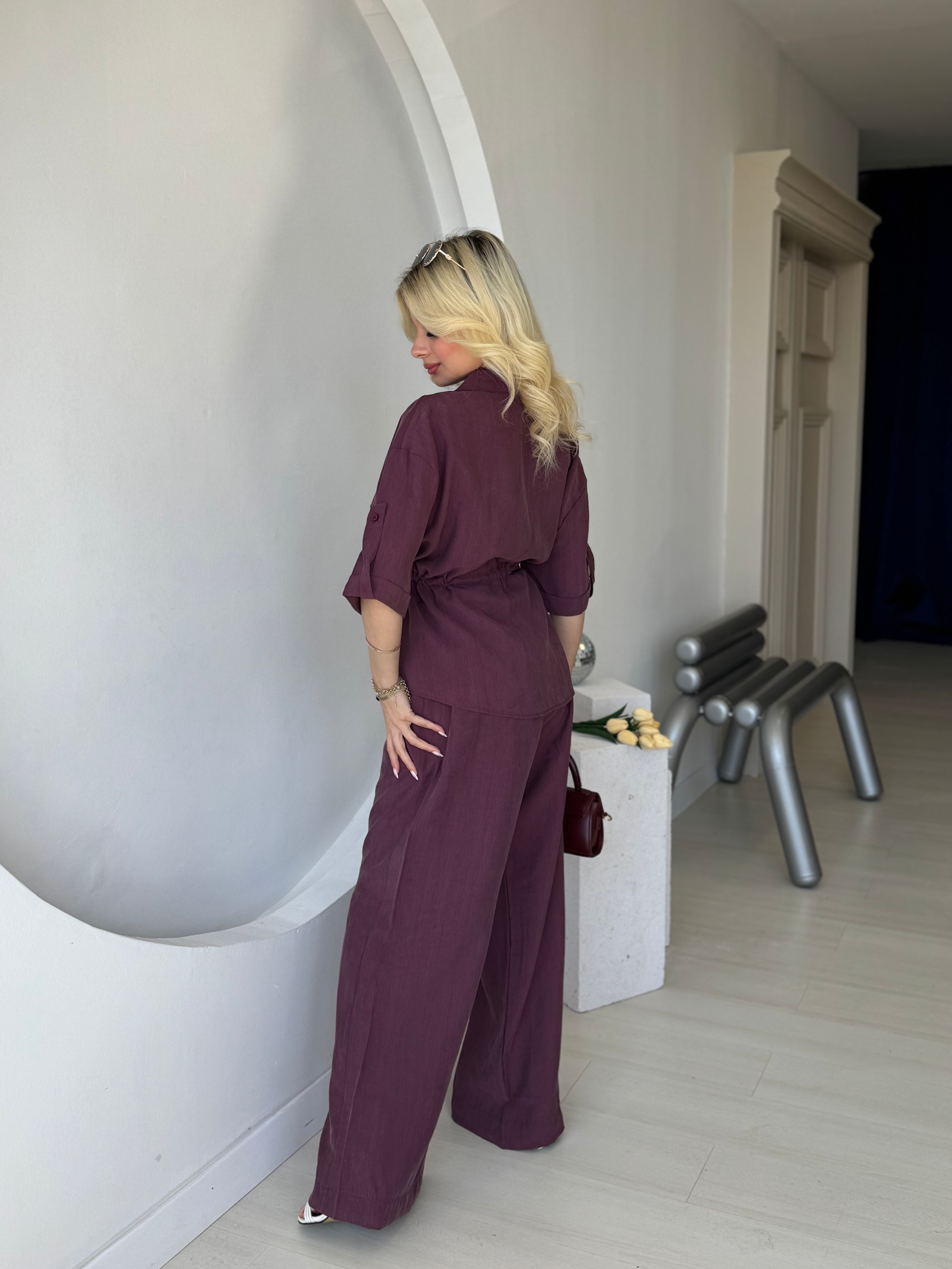 Mürdüm Düşük Kol Beli Bağcık Detaylı Ceket Pantolon Takım