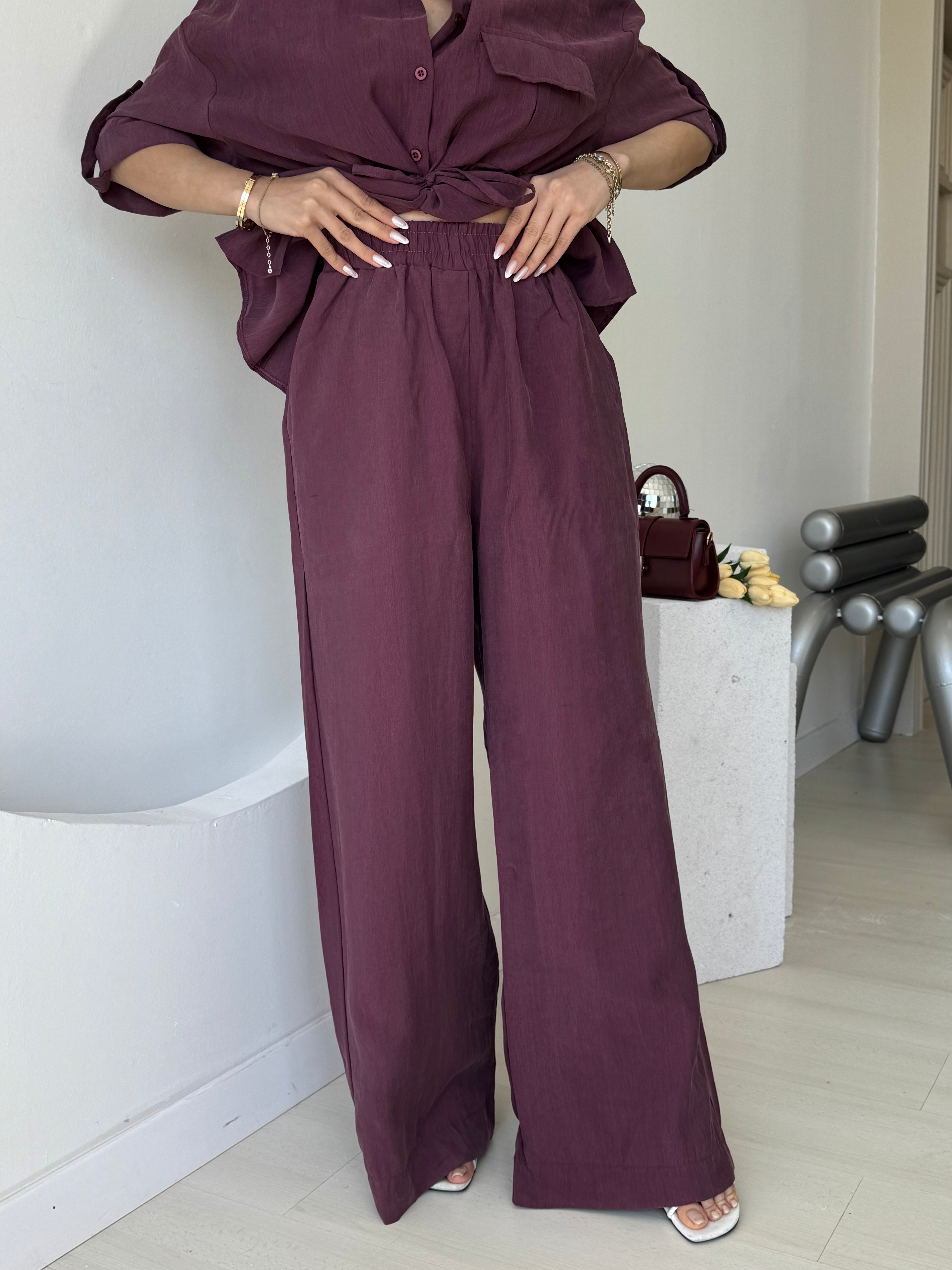 Mürdüm Düşük Kol Beli Bağcık Detaylı Ceket Pantolon Takım