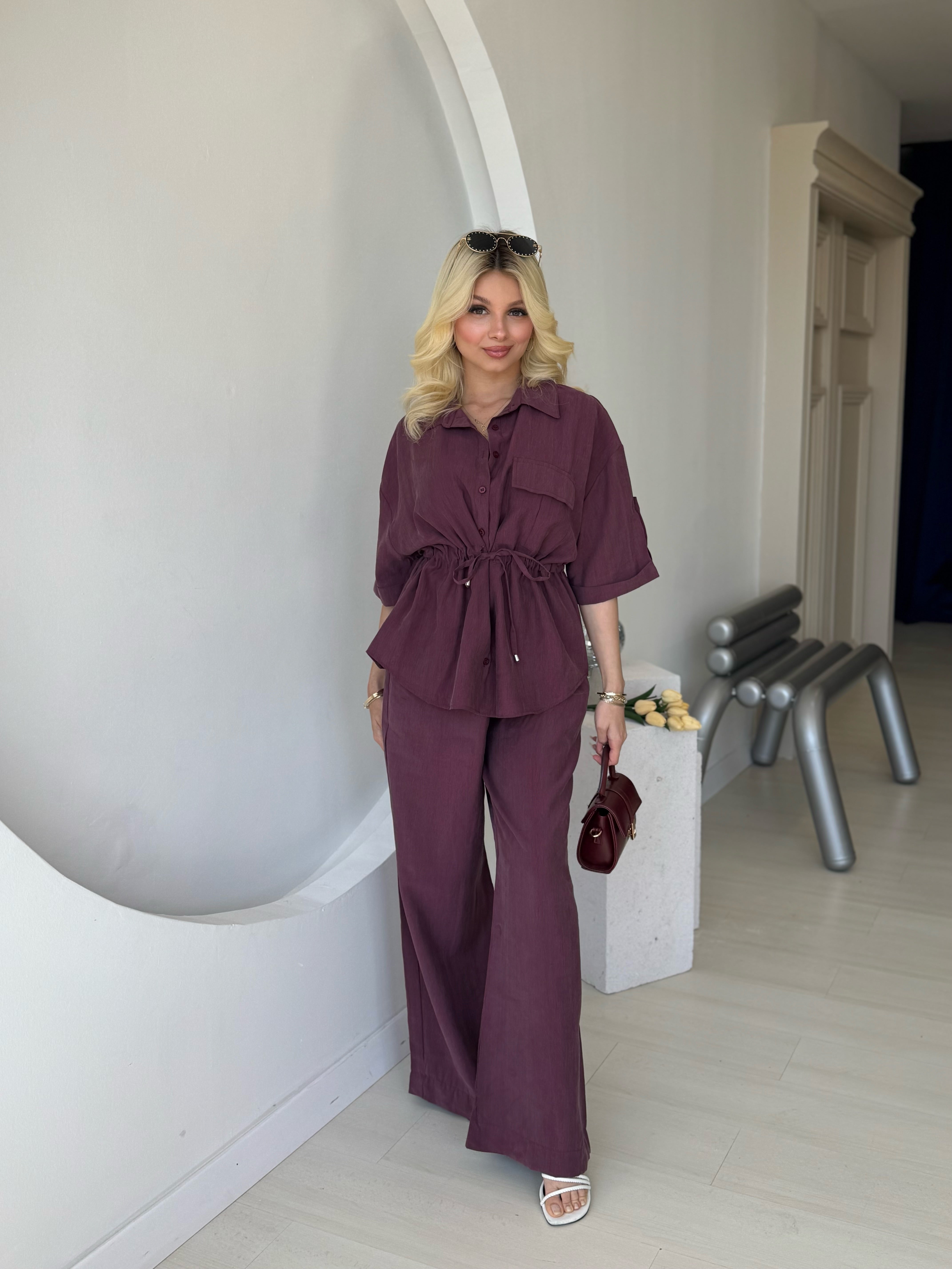 Mürdüm Düşük Kol Beli Bağcık Detaylı Ceket Pantolon Takım